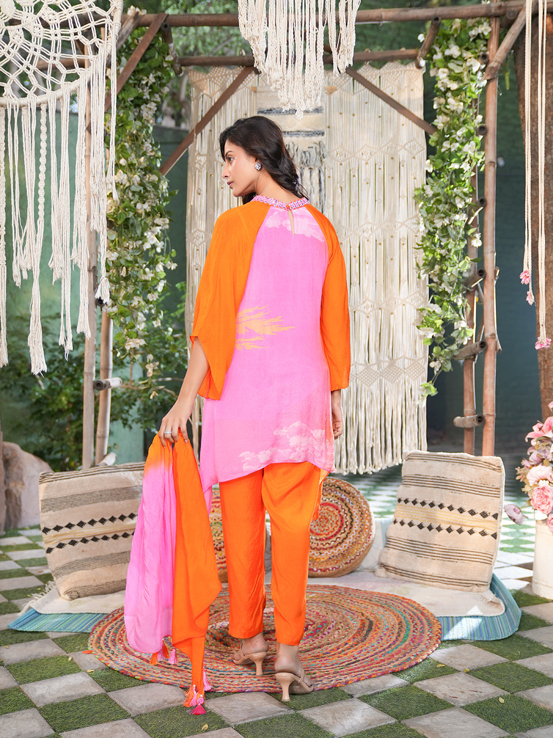orange pink shaded chinon chiffon Kurta