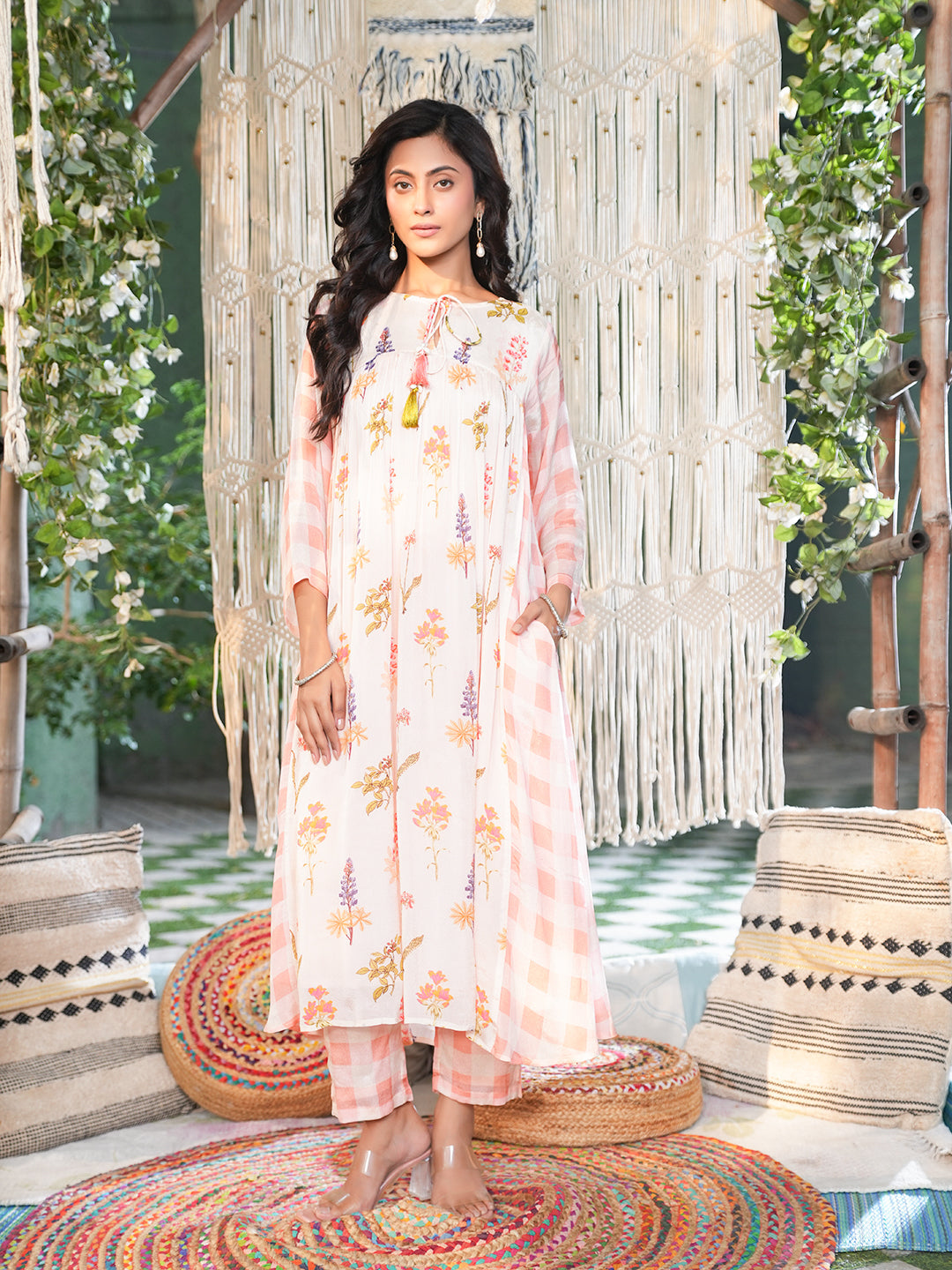 Blush Pink Floral Check Printed Chiffon Kurta