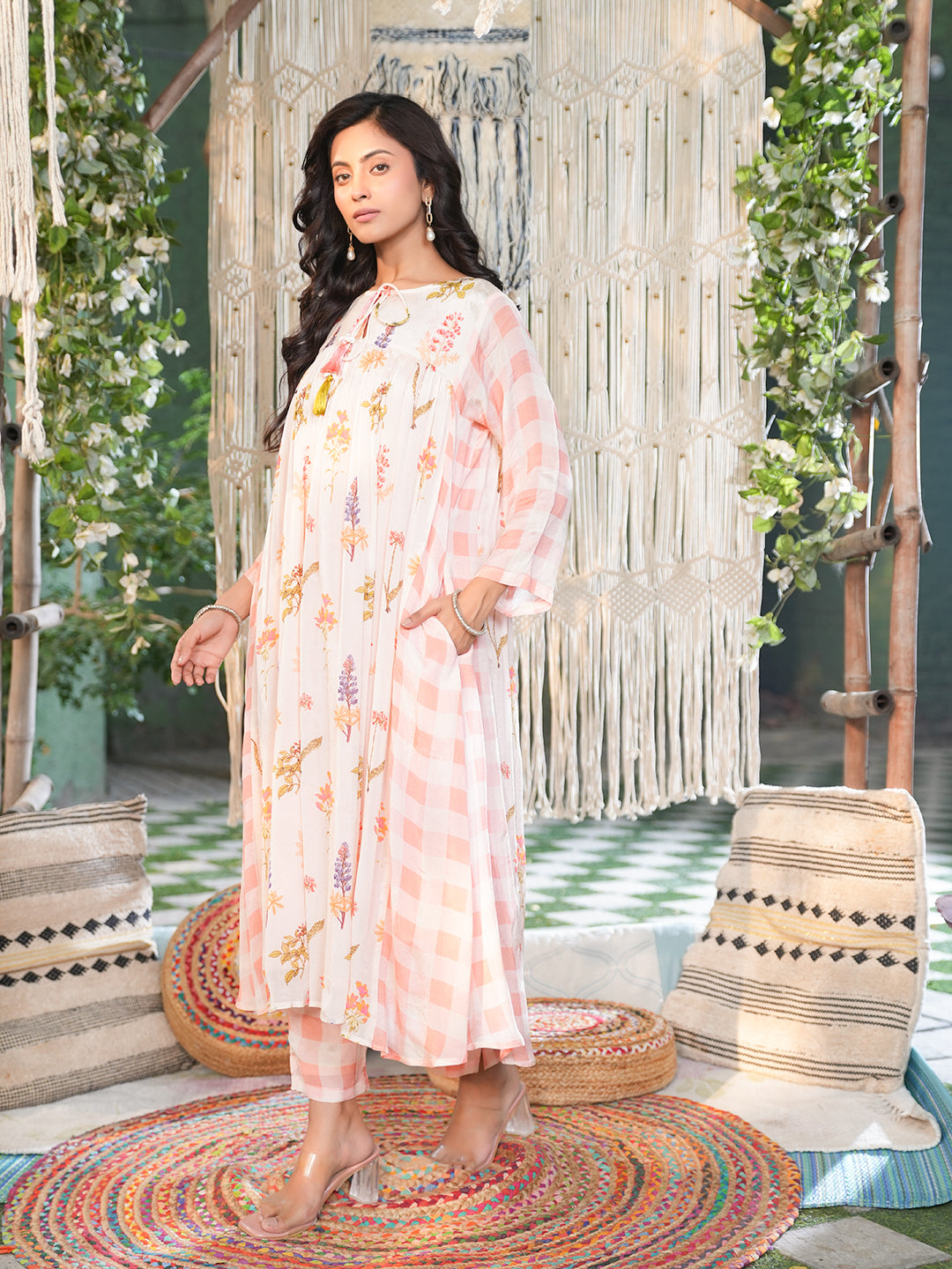 Blush Pink Floral Check Printed Chiffon Kurta