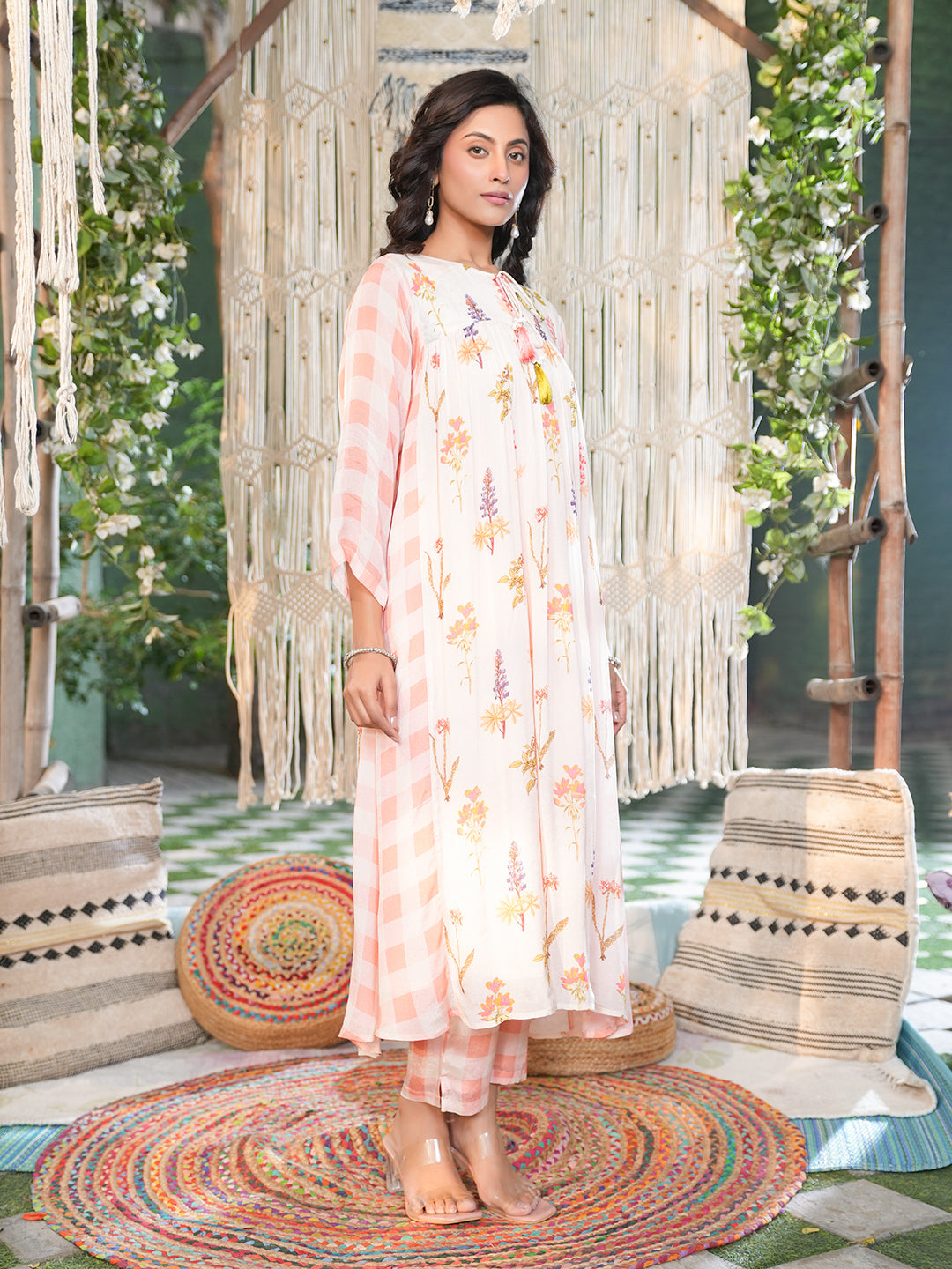 Blush Pink Floral Check Printed Chiffon Kurta
