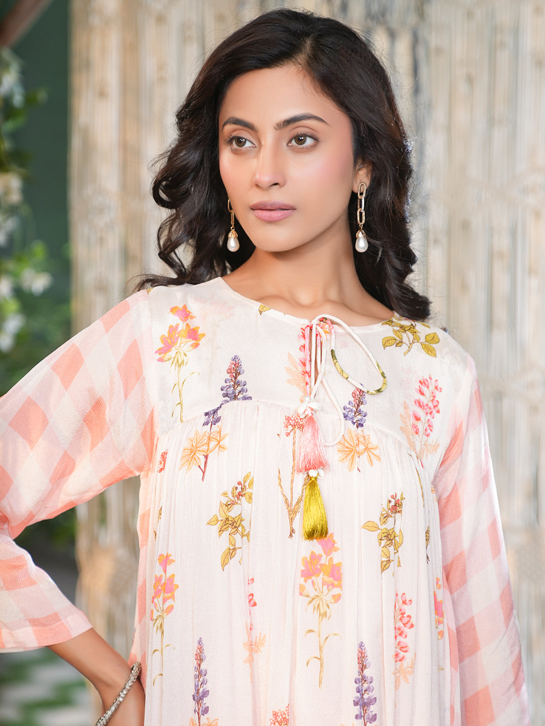 Blush Pink Floral Check Printed Chiffon Kurta