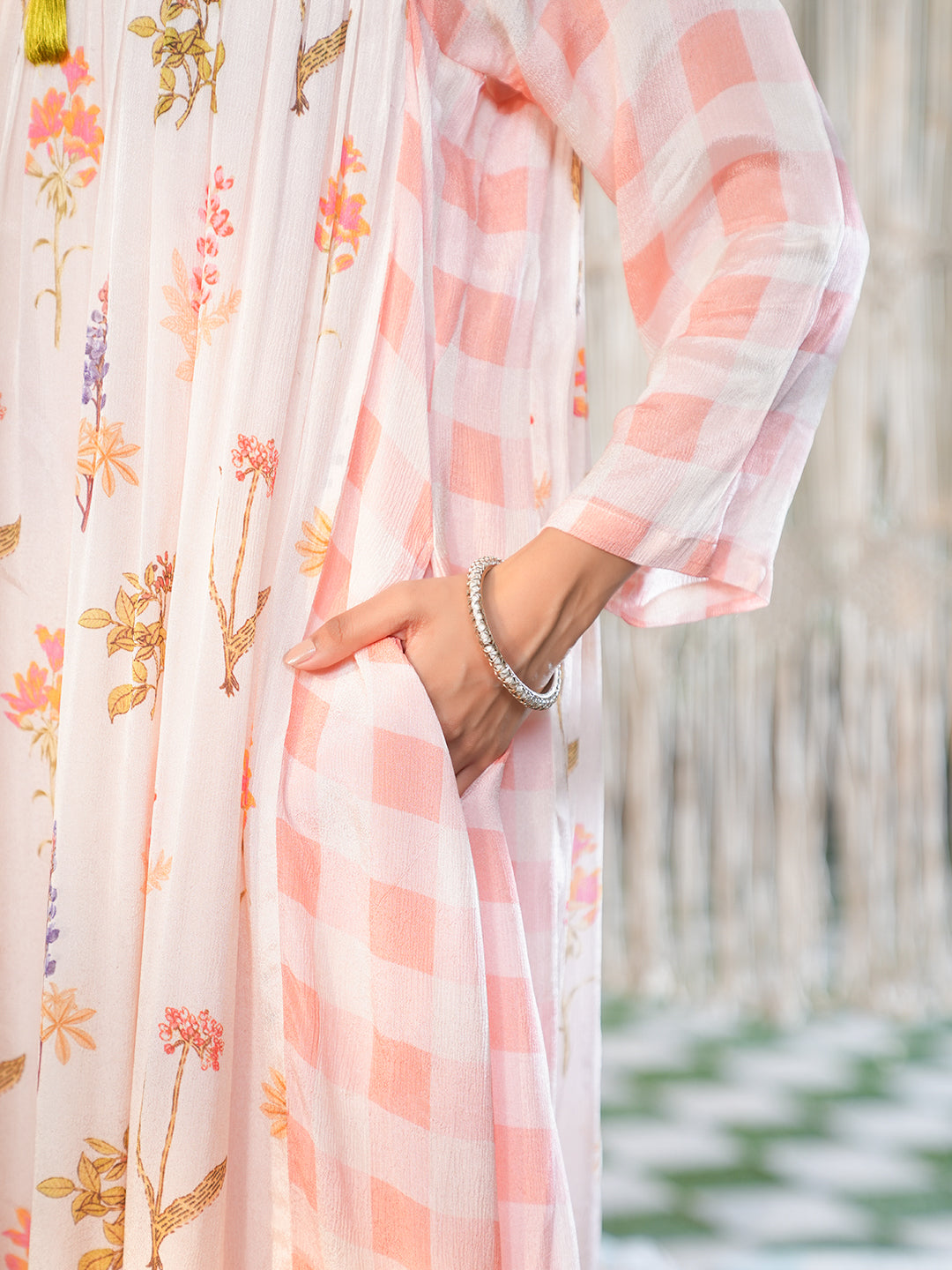 Blush Pink Floral Check Printed Chiffon Kurta