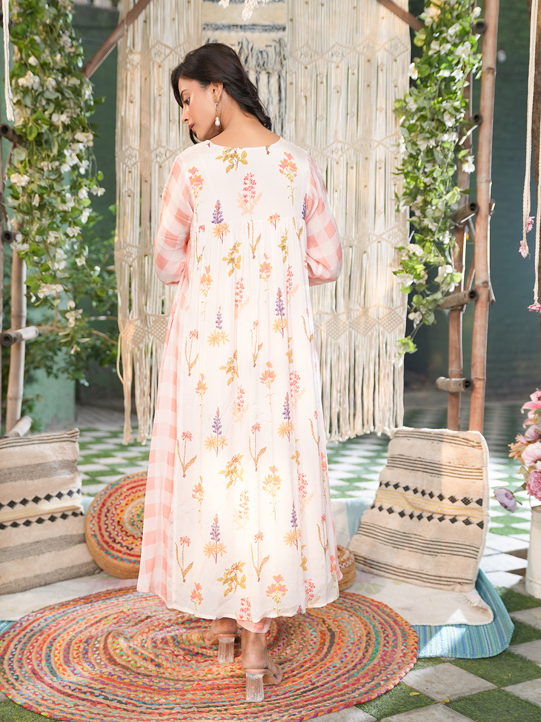 Blush Pink Floral Check Printed Chiffon Kurta