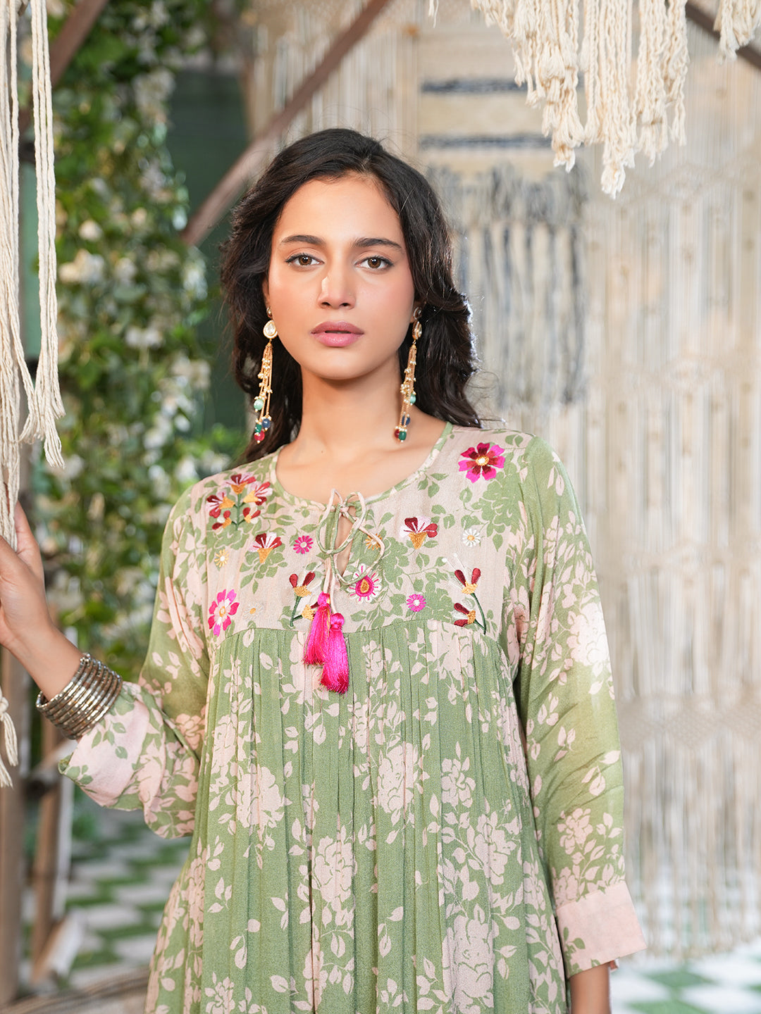 Sage Green Floral Embroidered Chiffon Kurta