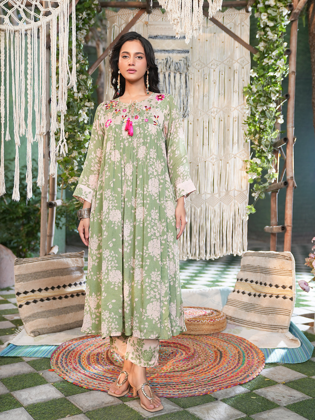 Sage Green Floral Embroidered Chiffon Kurta