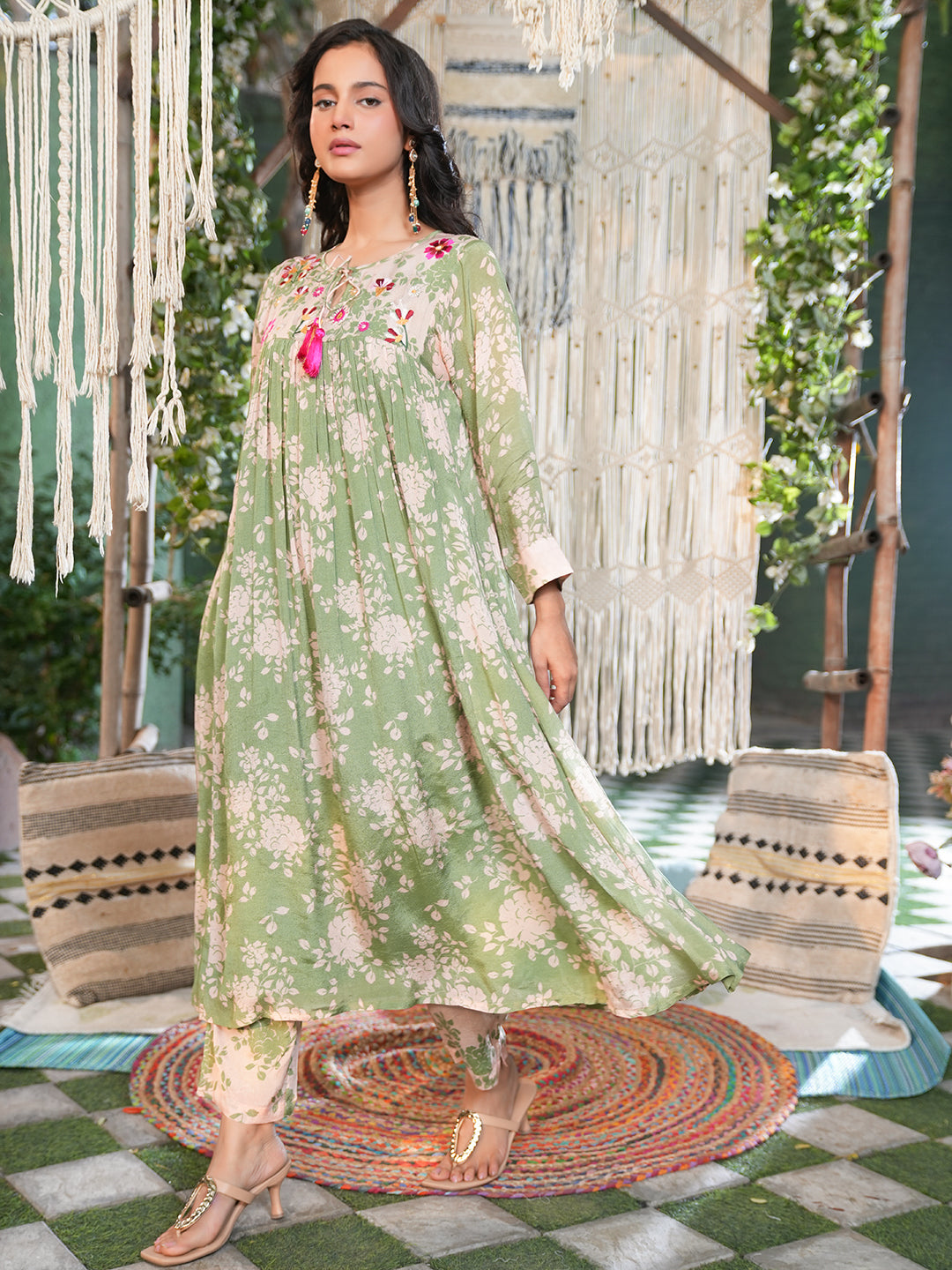Sage Green Floral Embroidered Chiffon Kurta