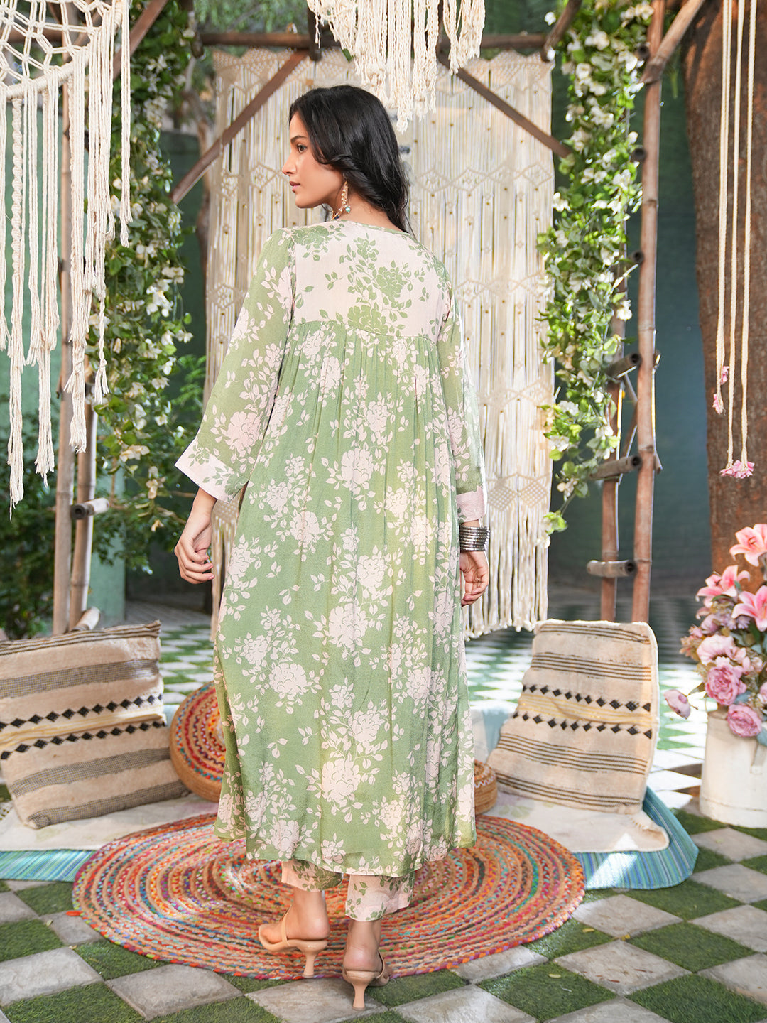 Sage Green Floral Embroidered Chiffon Kurta