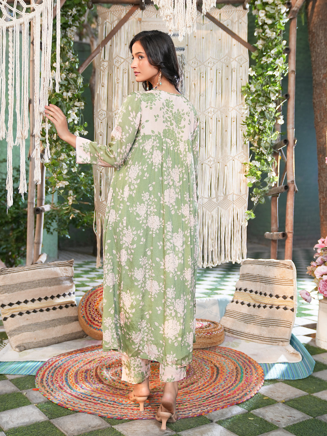 Sage Green Floral Embroidered Chiffon Kurta