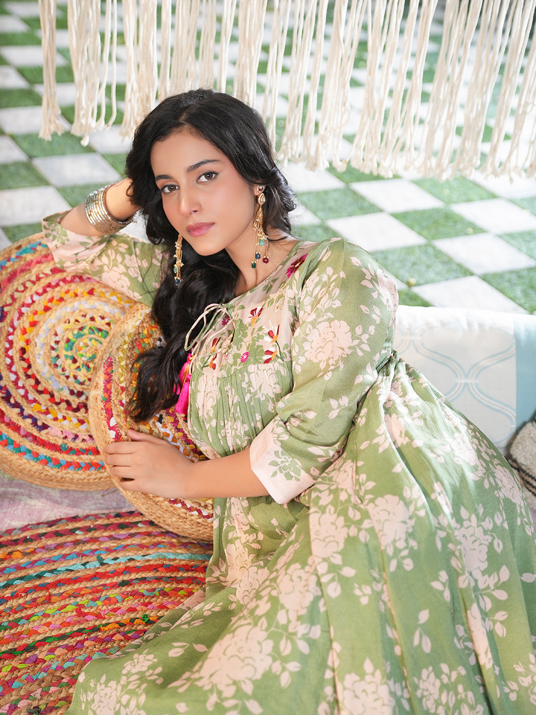 Sage Green Floral Embroidered Chiffon Kurta
