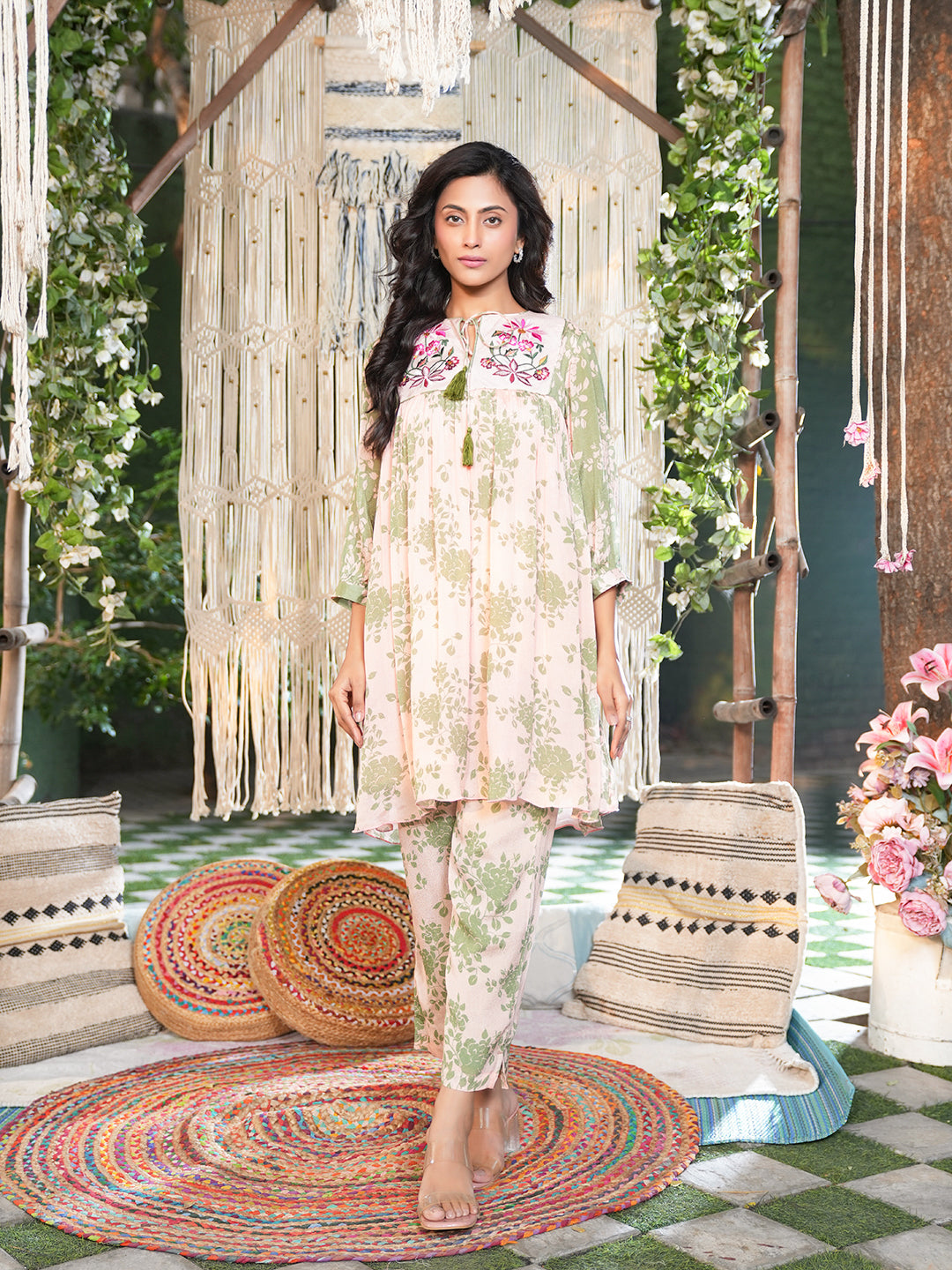 Floral Printed Kurta with Embroidered Yoke