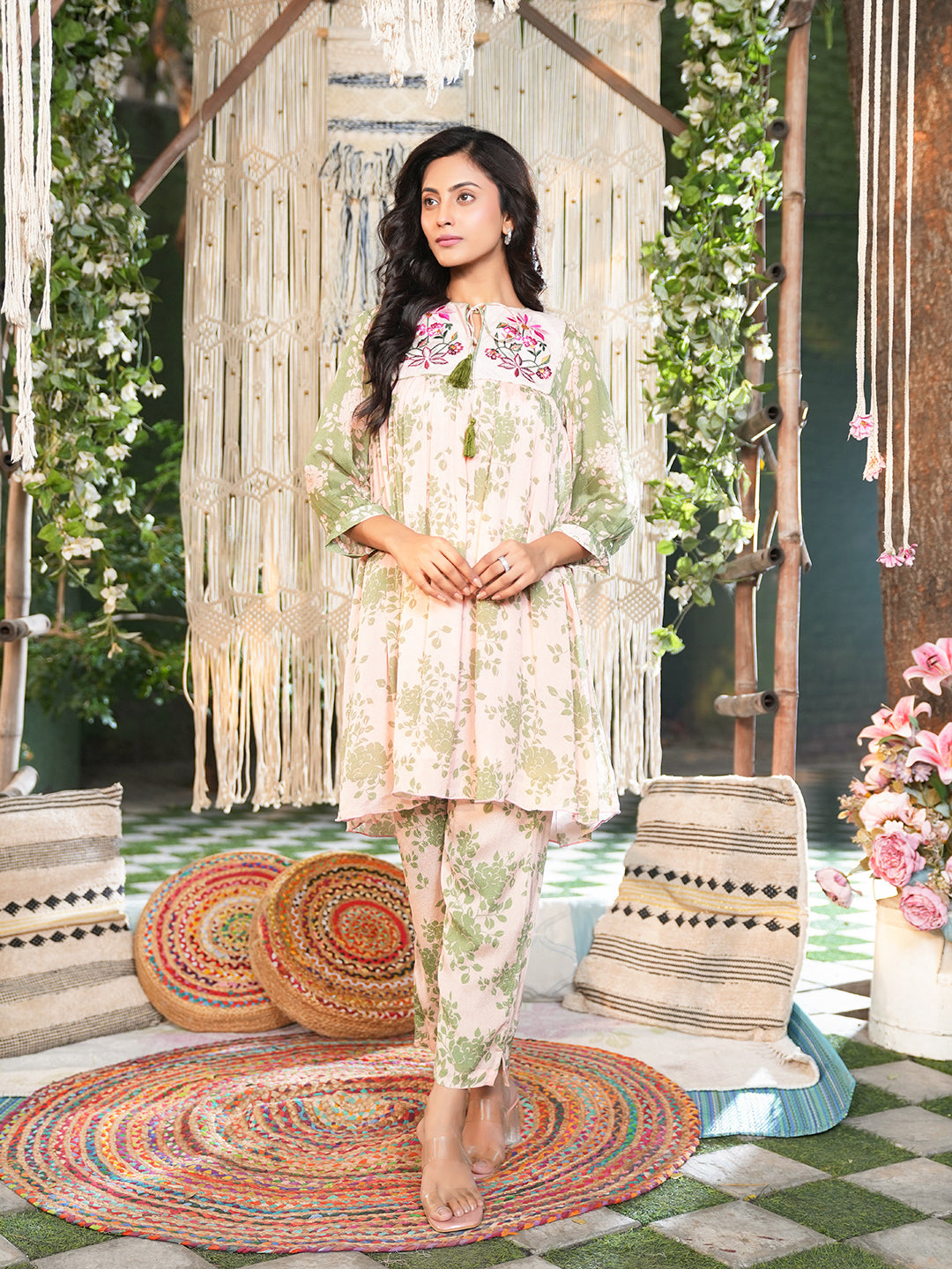 Floral Printed Kurta with Embroidered Yoke