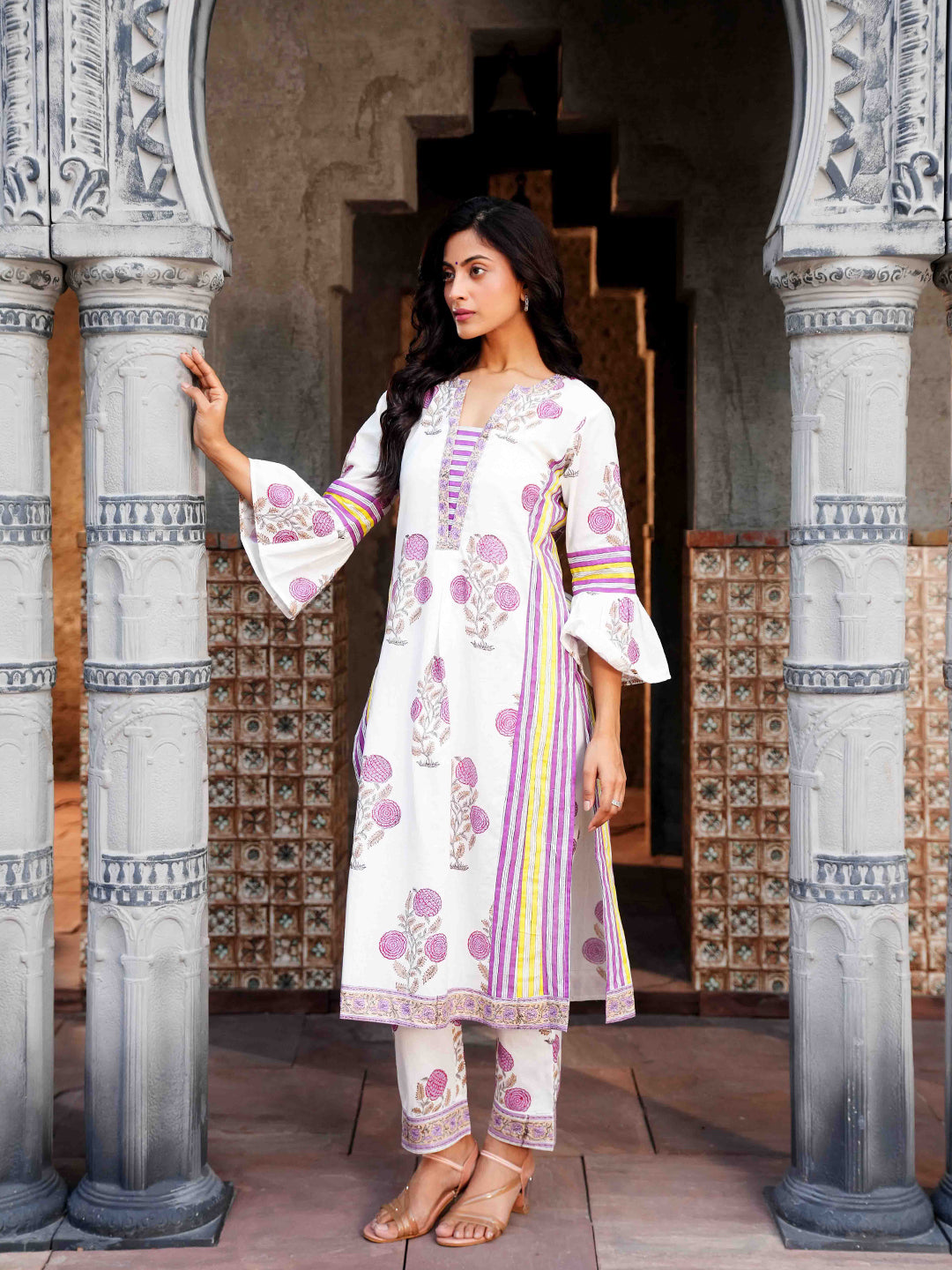 Purple Floral Printed Cotton Kurta Set