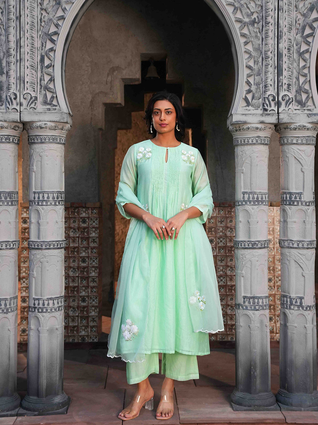 Mint Green Embroidered Chanderi Kurta Set & Dupatta
