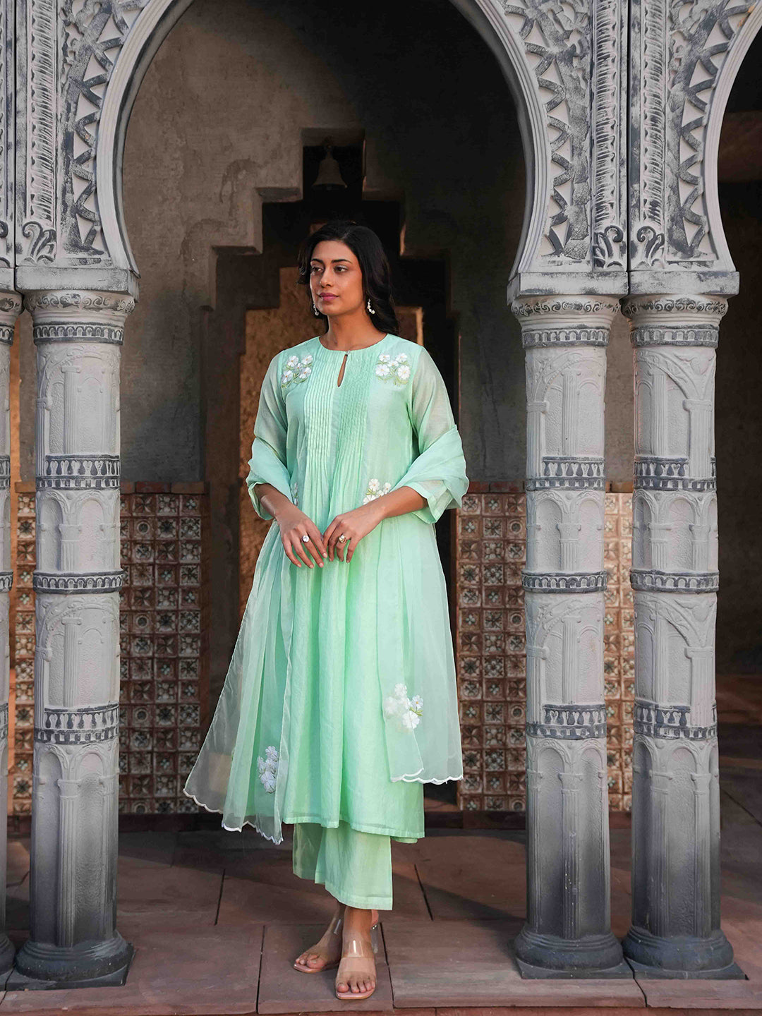 Mint Green Embroidered Chanderi Kurta Set & Dupatta