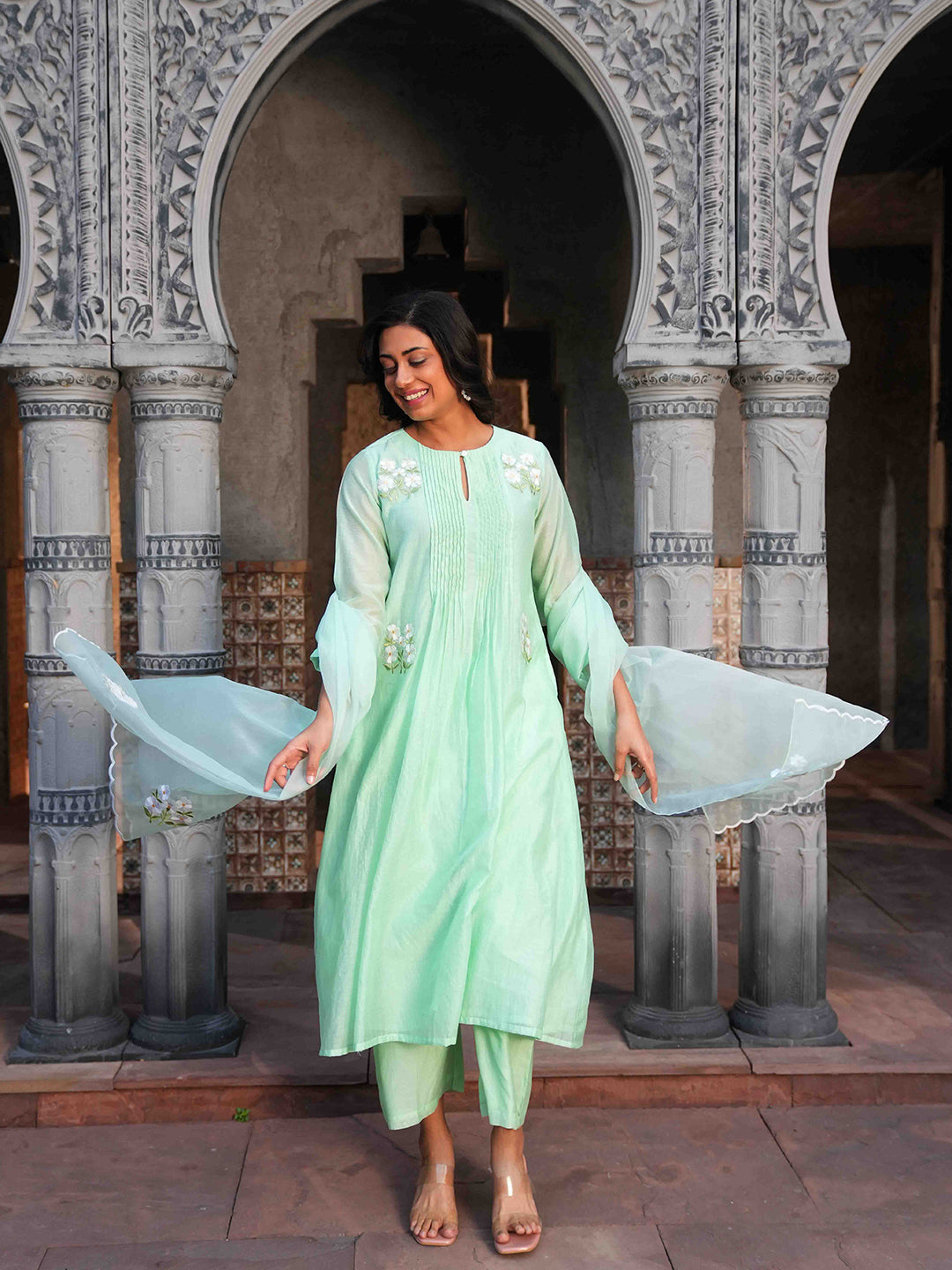 Mint Green Embroidered Chanderi Kurta Set & Dupatta