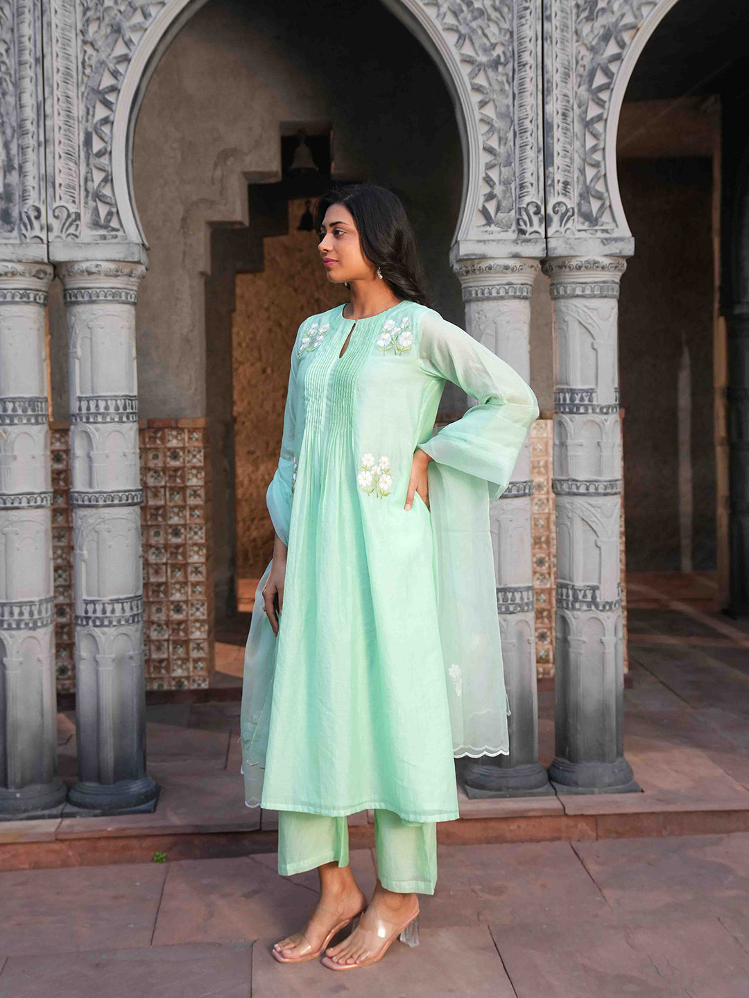 Mint Green Embroidered Chanderi Kurta Set & Dupatta