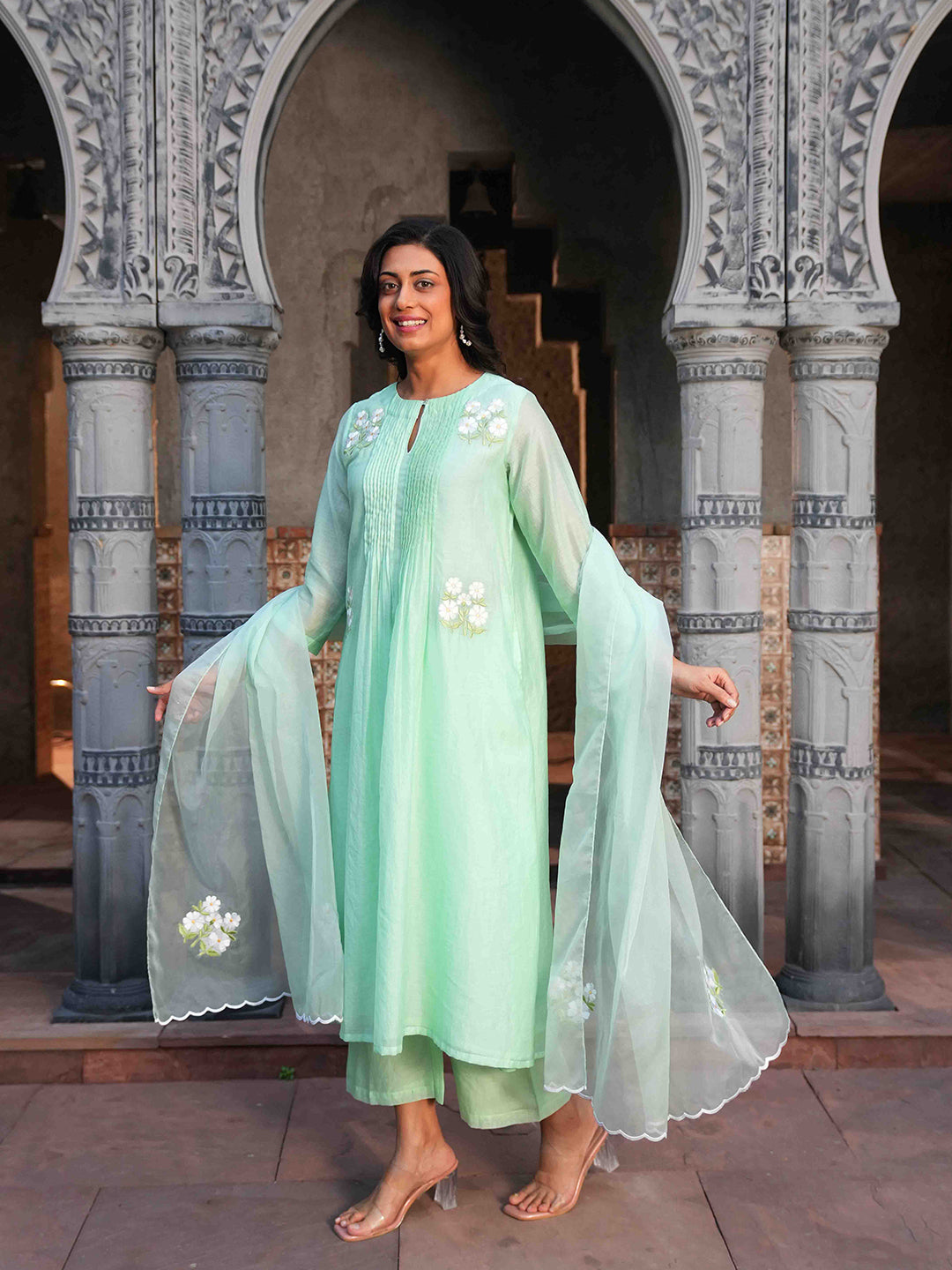 Mint Green Embroidered Chanderi Kurta Set & Dupatta