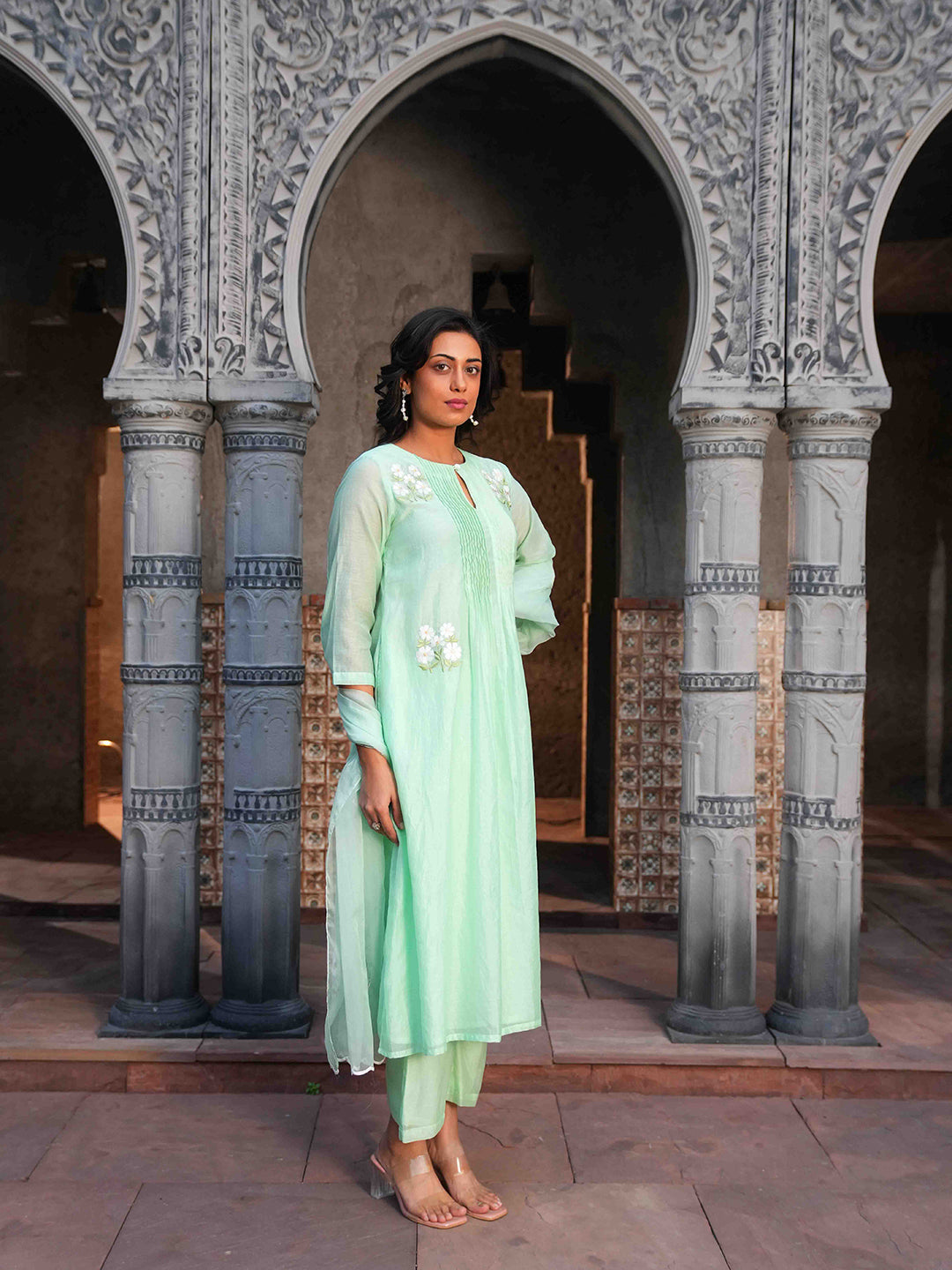 Mint Green Embroidered Chanderi Kurta Set & Dupatta