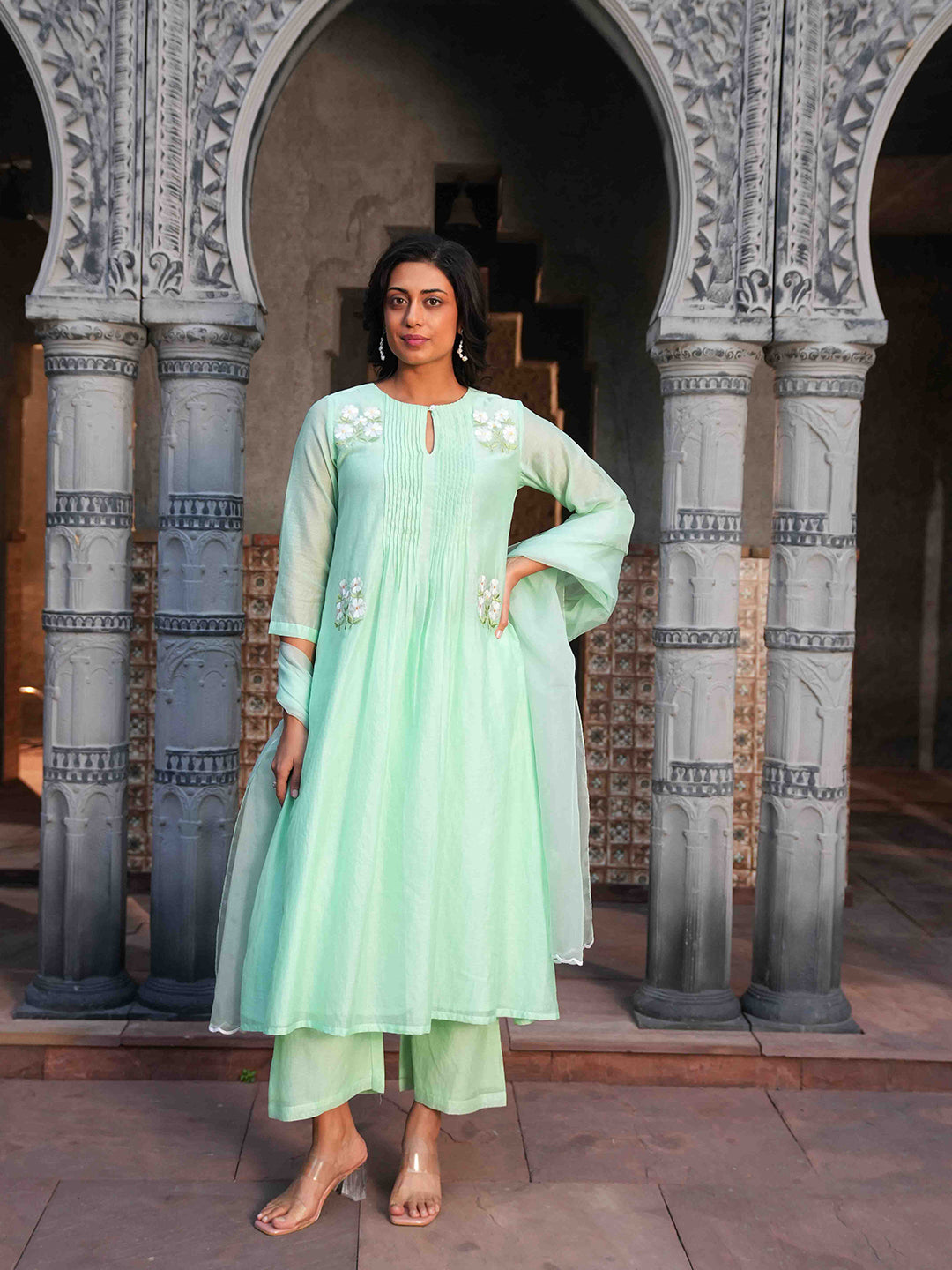 Mint Green Embroidered Chanderi Kurta Set & Dupatta