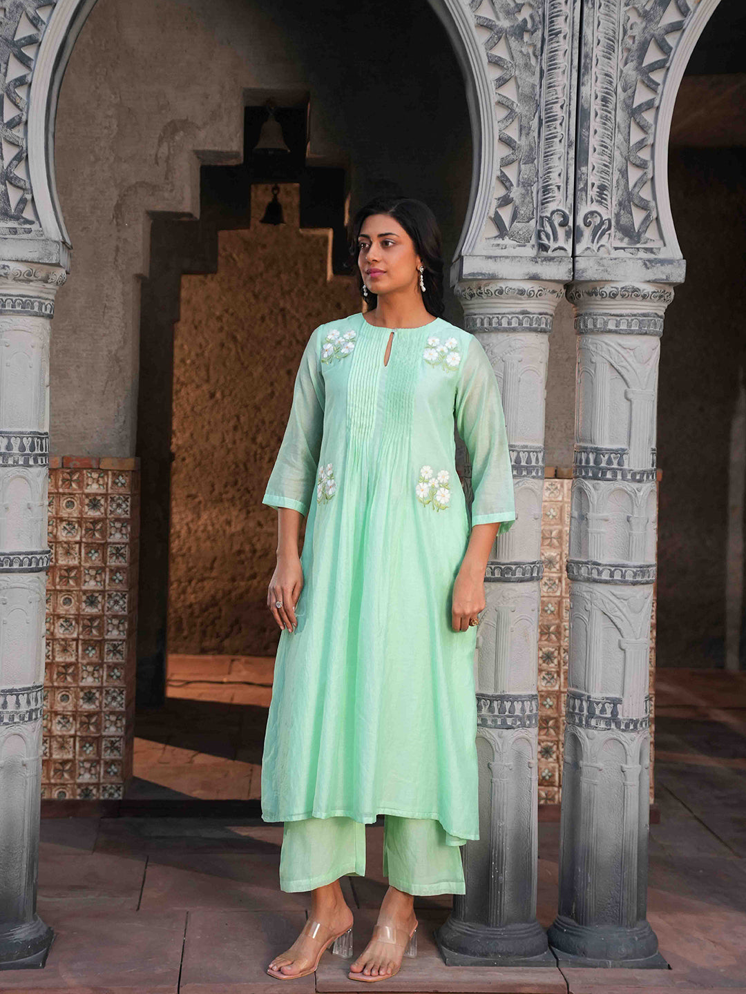 Mint Green Embroidered Chanderi Kurta Set & Dupatta