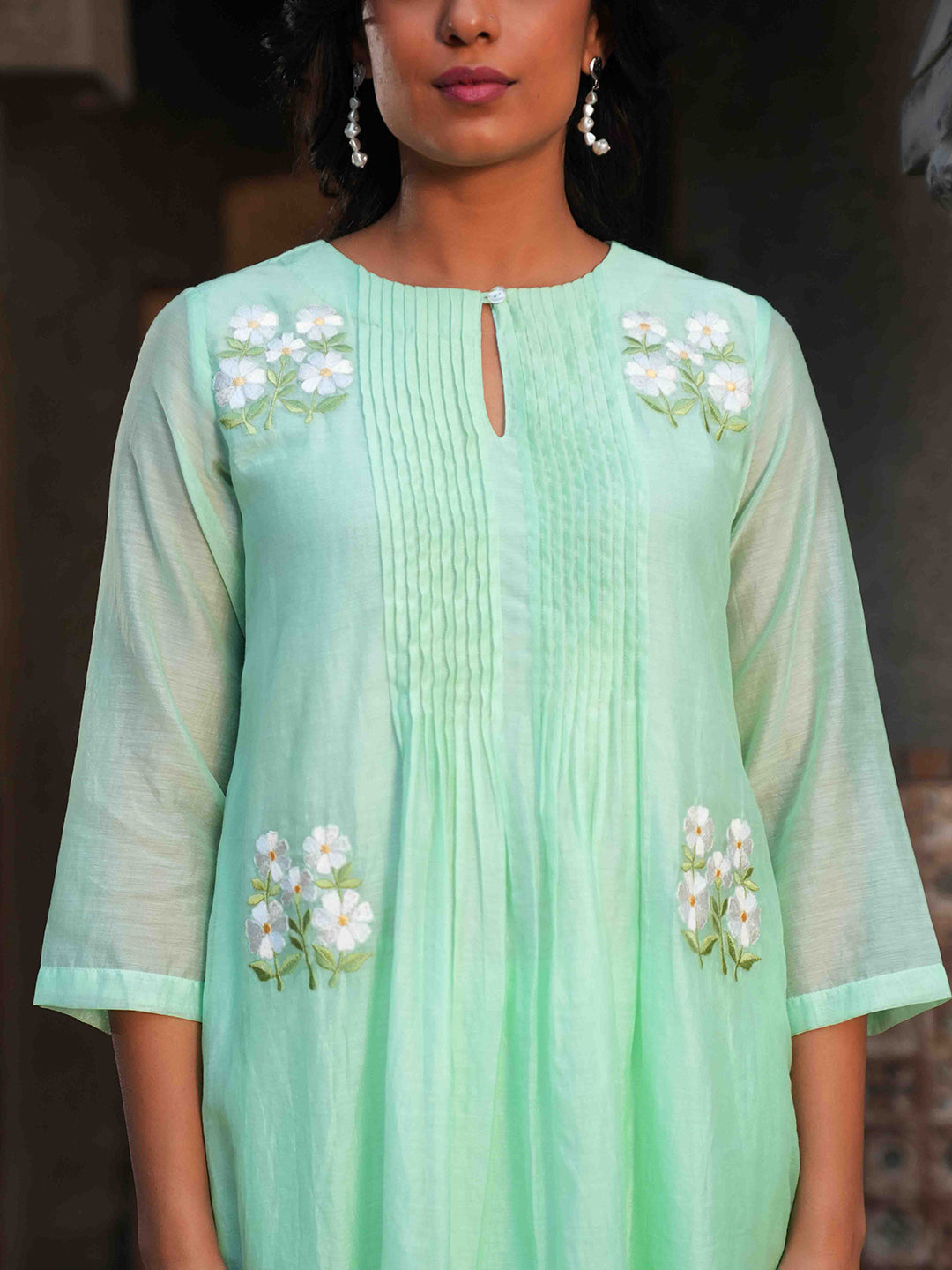 Mint Green Embroidered Chanderi Kurta Set & Dupatta