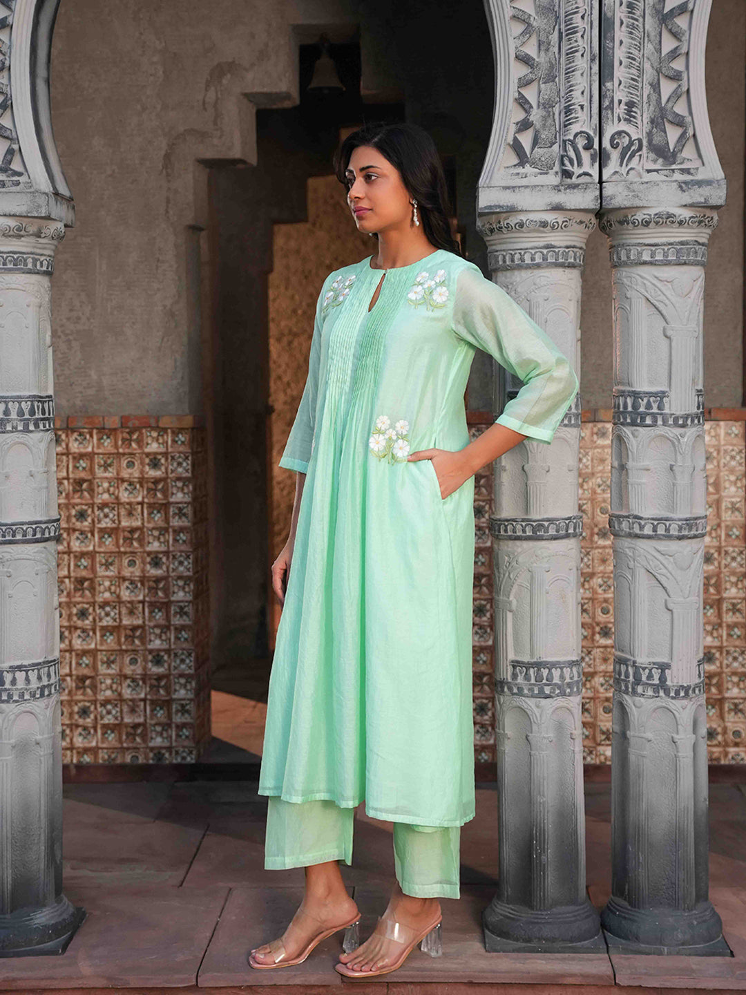 Mint Green Embroidered Chanderi Kurta Set & Dupatta