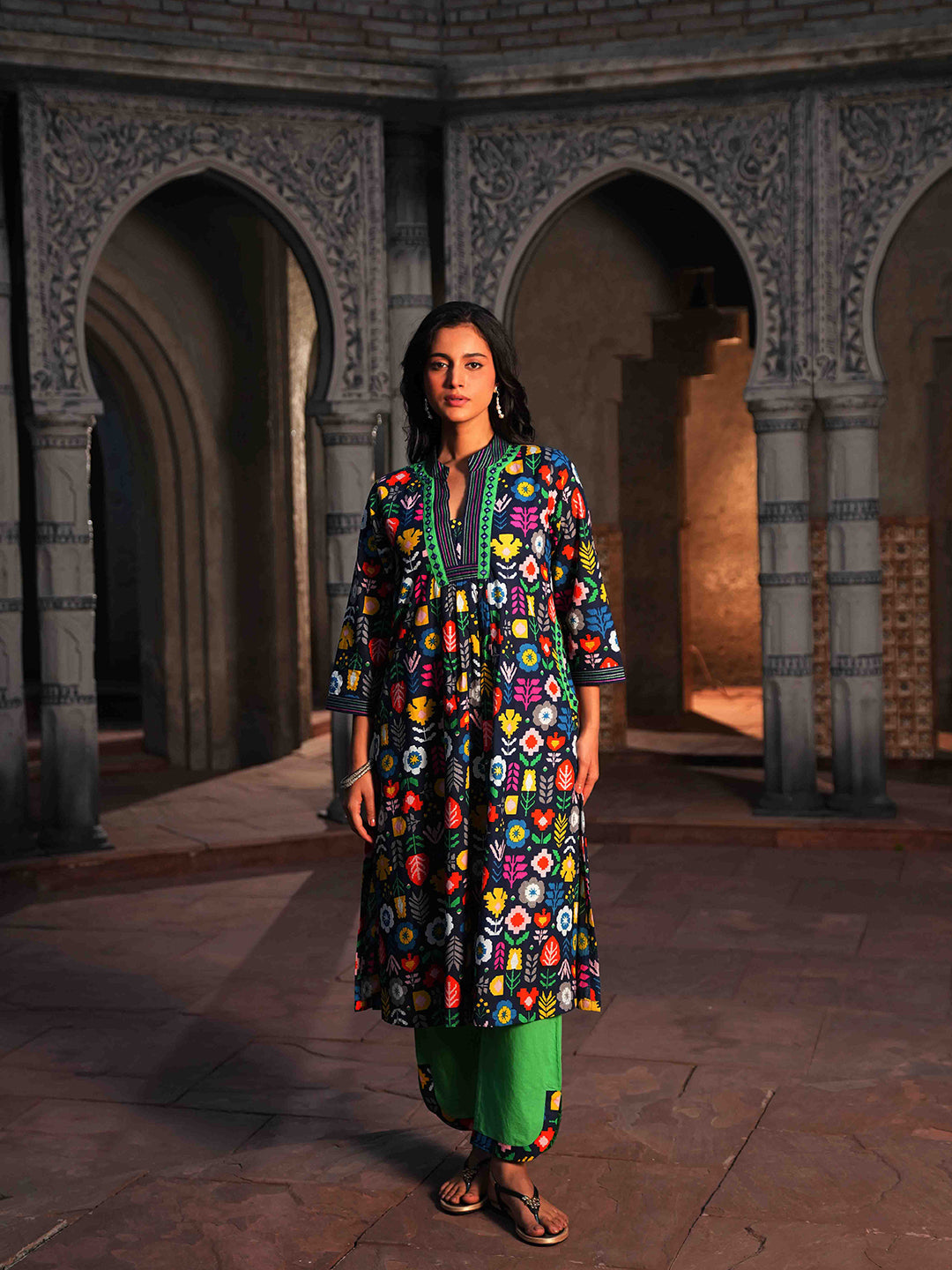 Blue Geometric Printed Embroidered Kurta Set