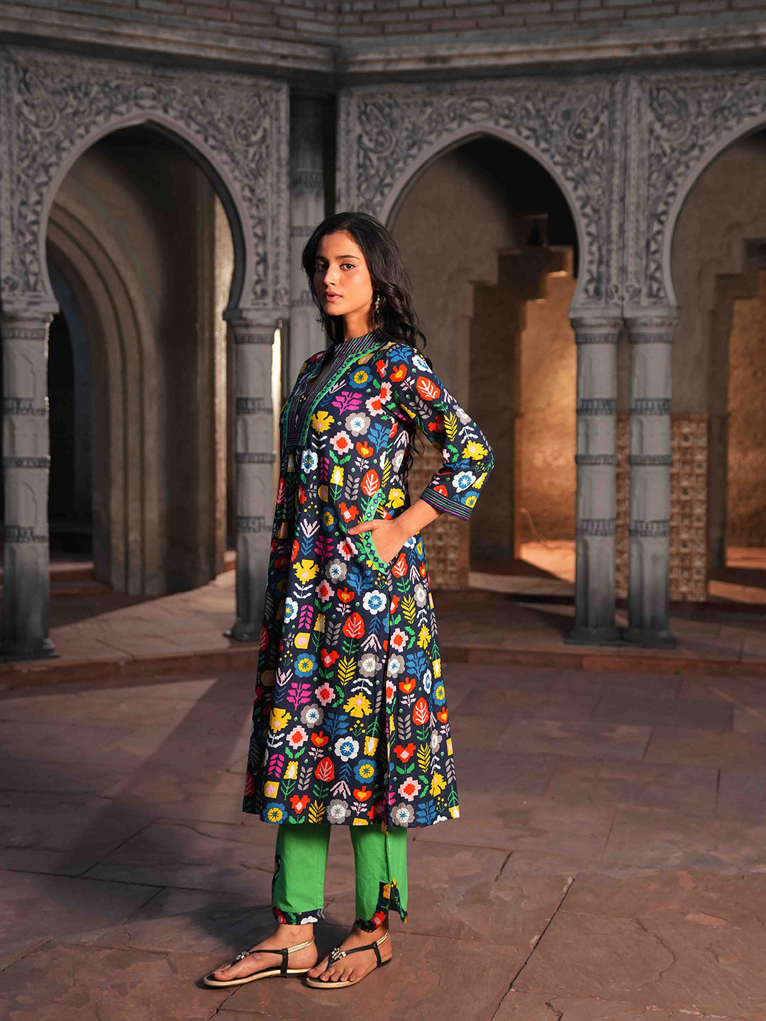 Blue Geometric Printed Embroidered Co-ord Set
