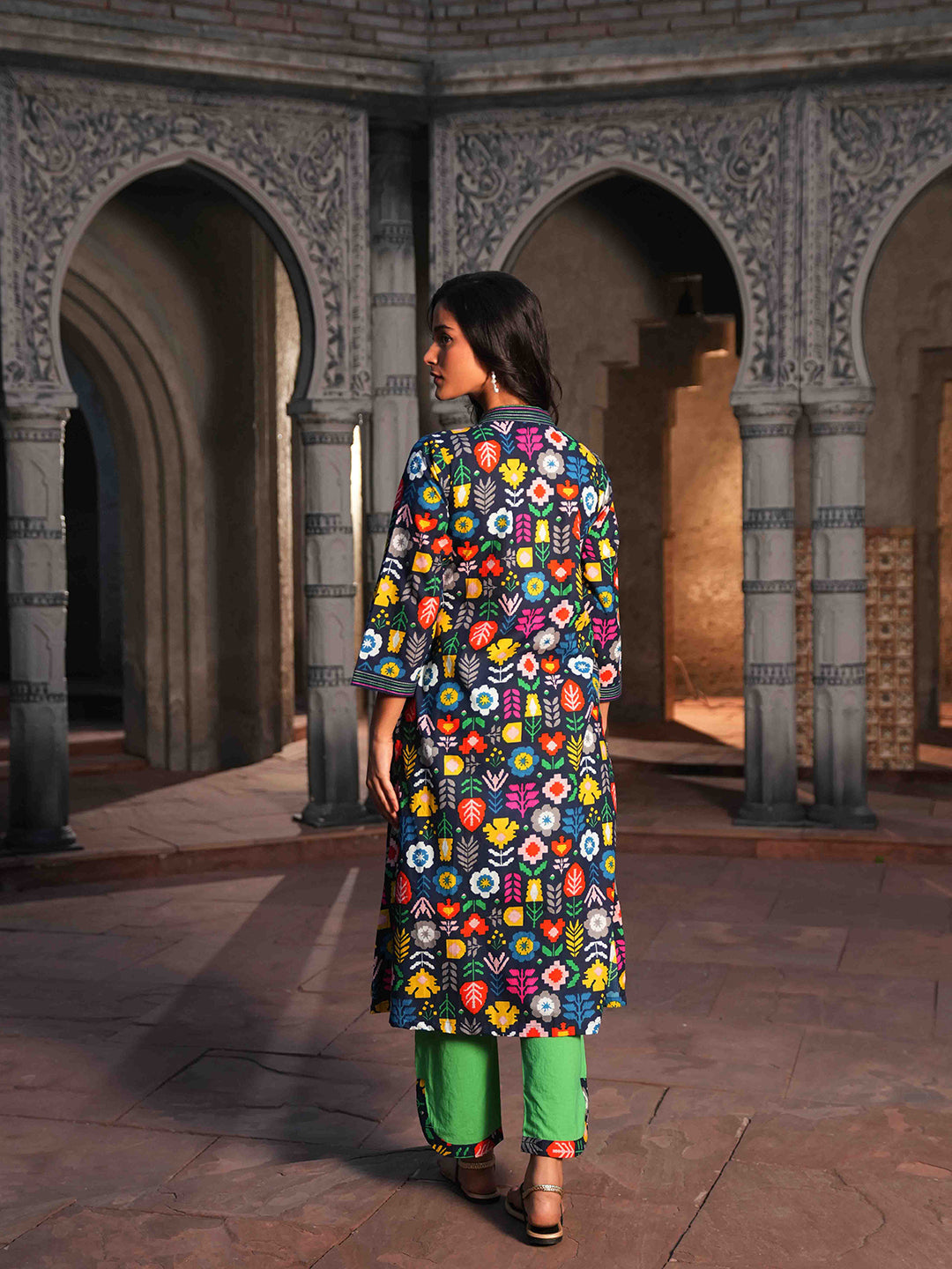 Blue Geometric Printed Embroidered Kurta Set