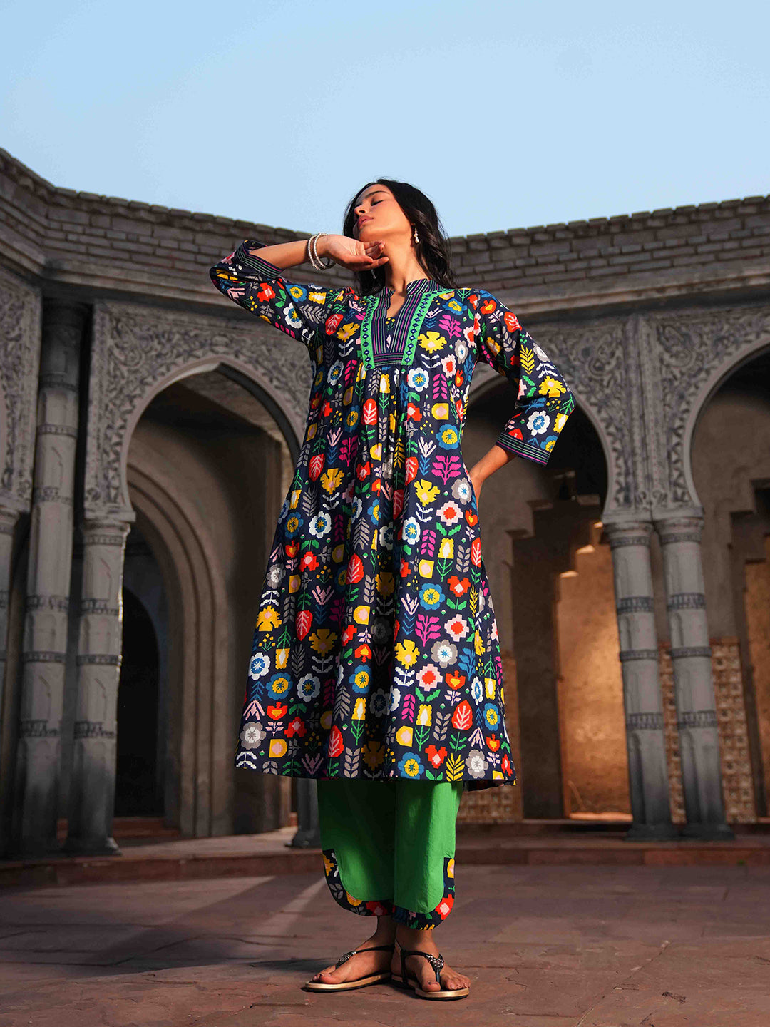Blue Geometric Printed Embroidered Kurta Set