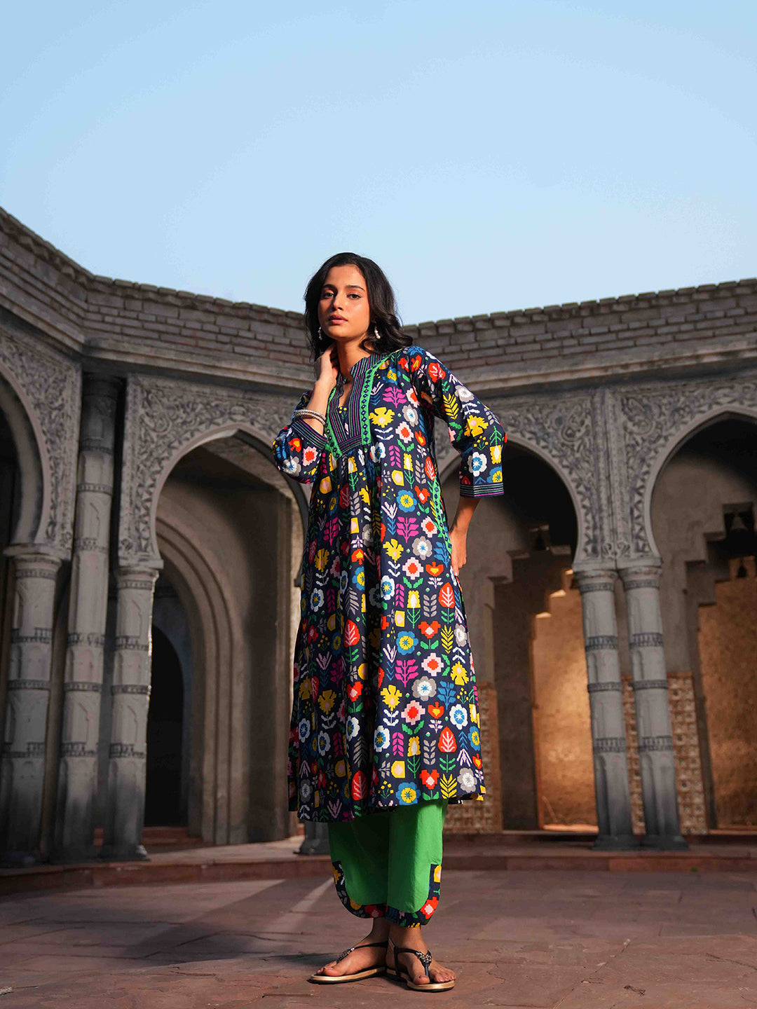 Blue Geometric Printed Embroidered Co-ord Set