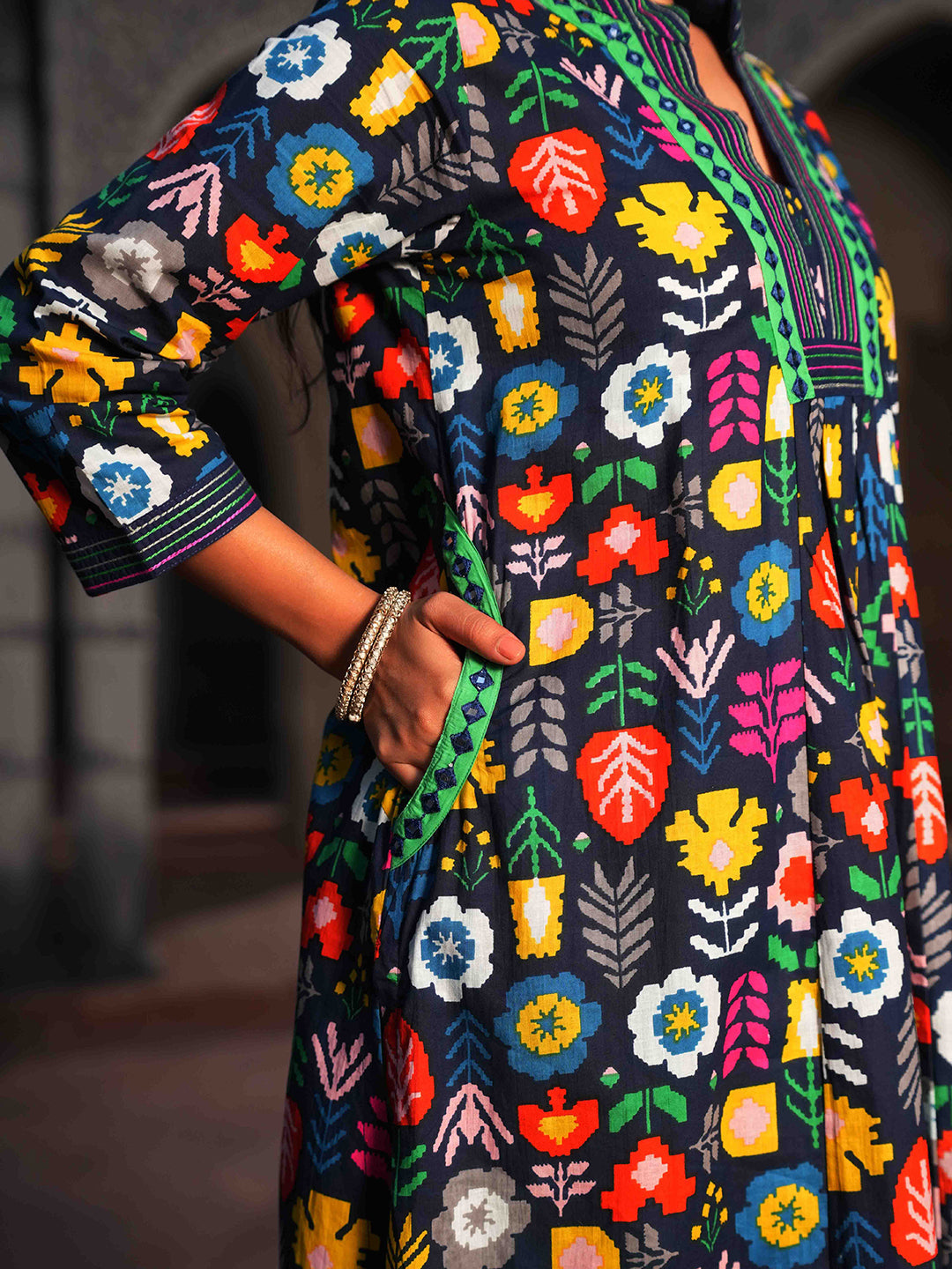 Blue Geometric Printed Embroidered Kurta Set