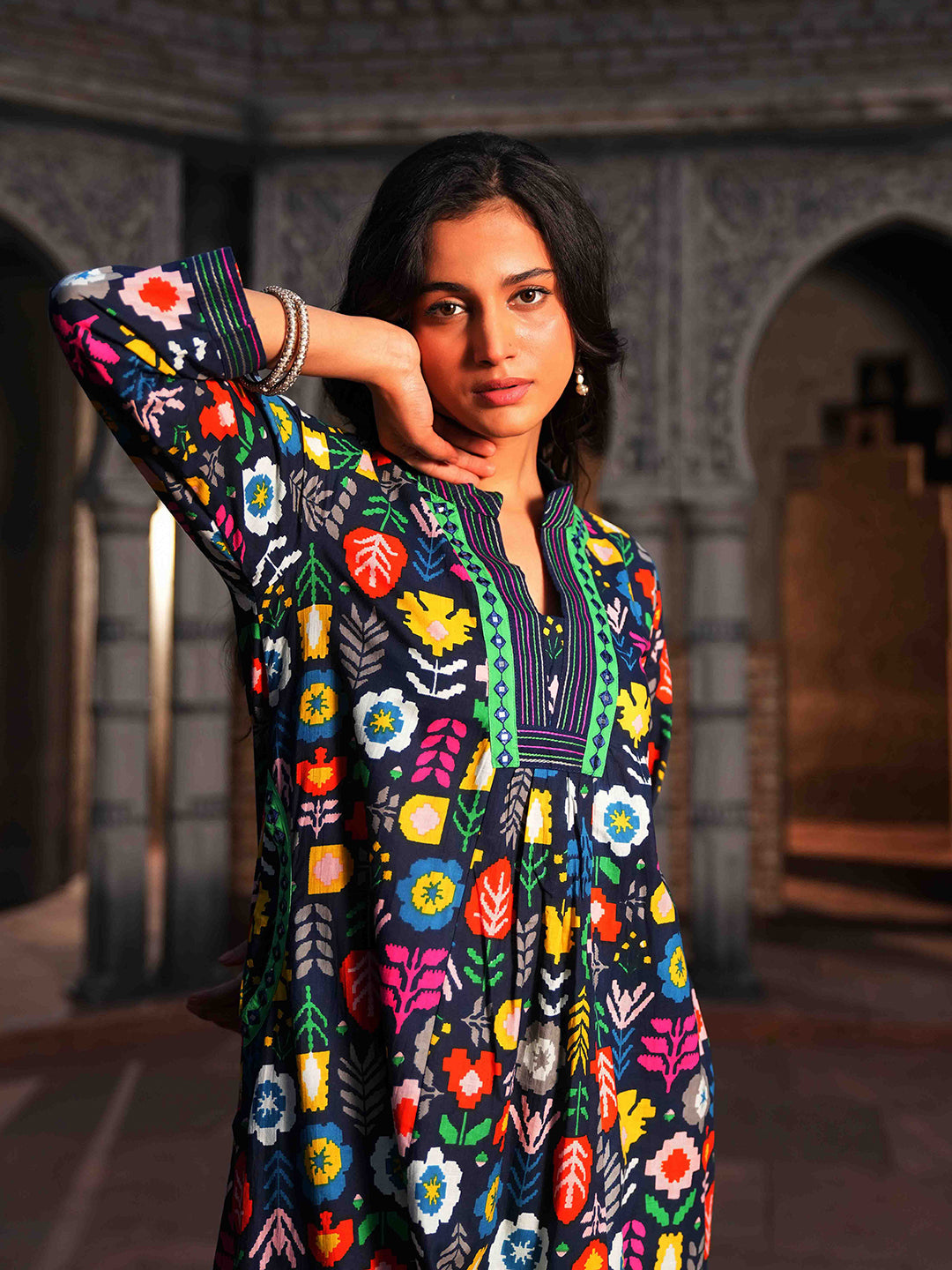Blue Geometric Printed Embroidered Kurta Set