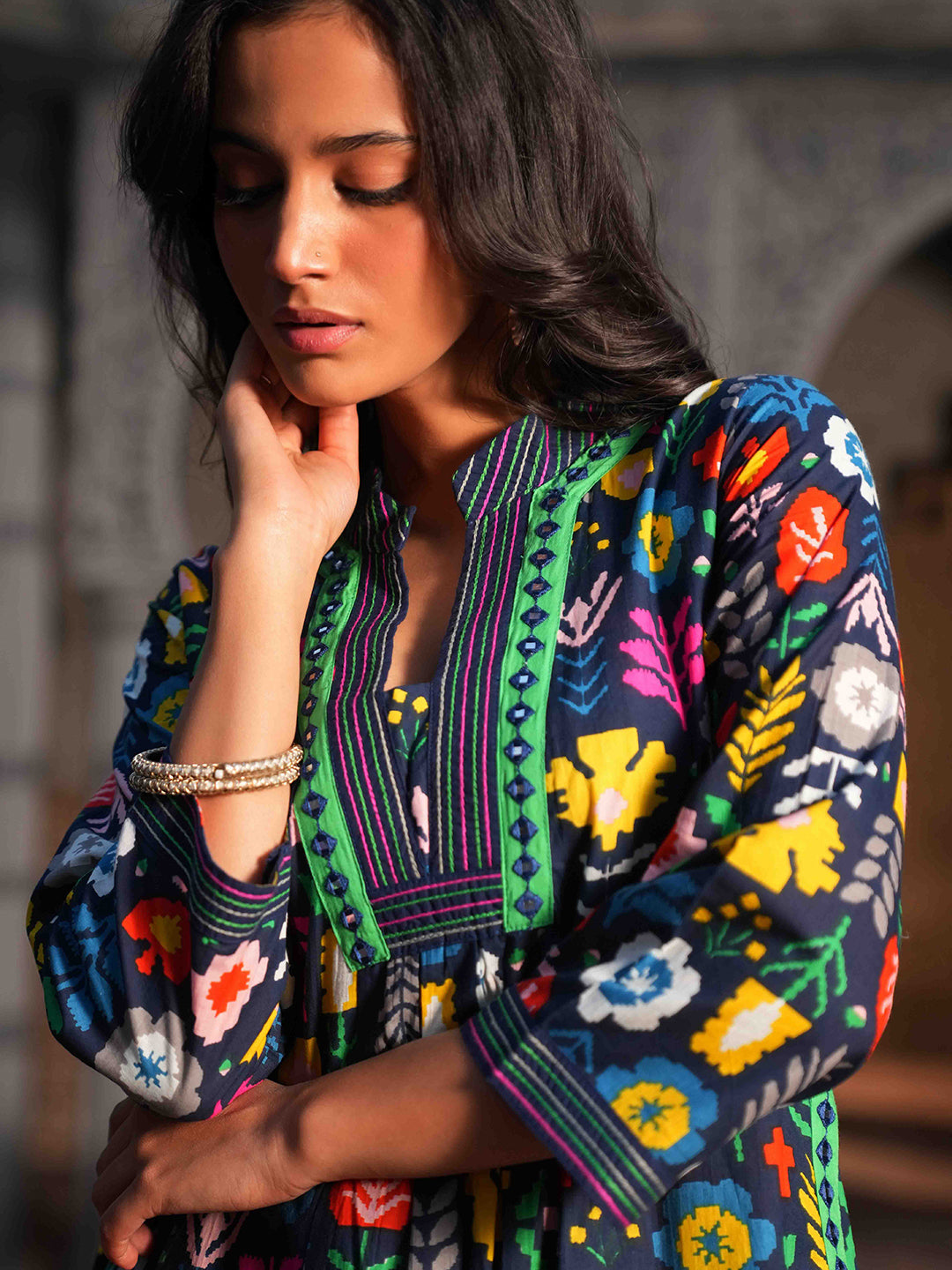 Blue Geometric Printed Embroidered Kurta Set