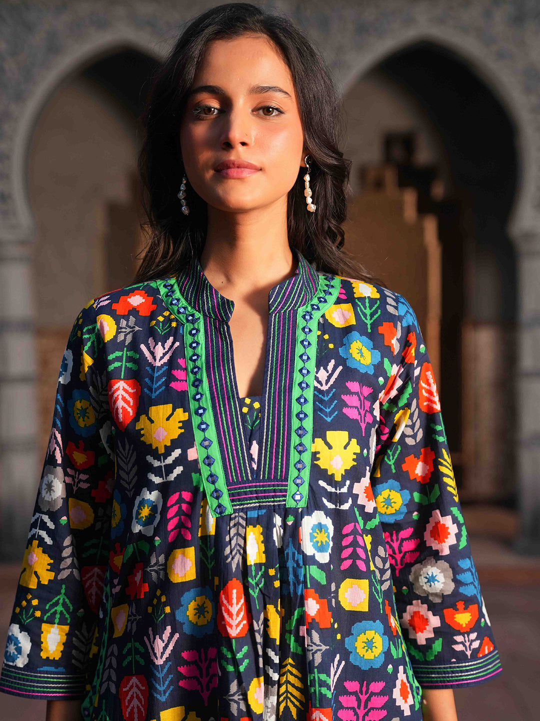 Blue Geometric Printed Embroidered Kurta Set