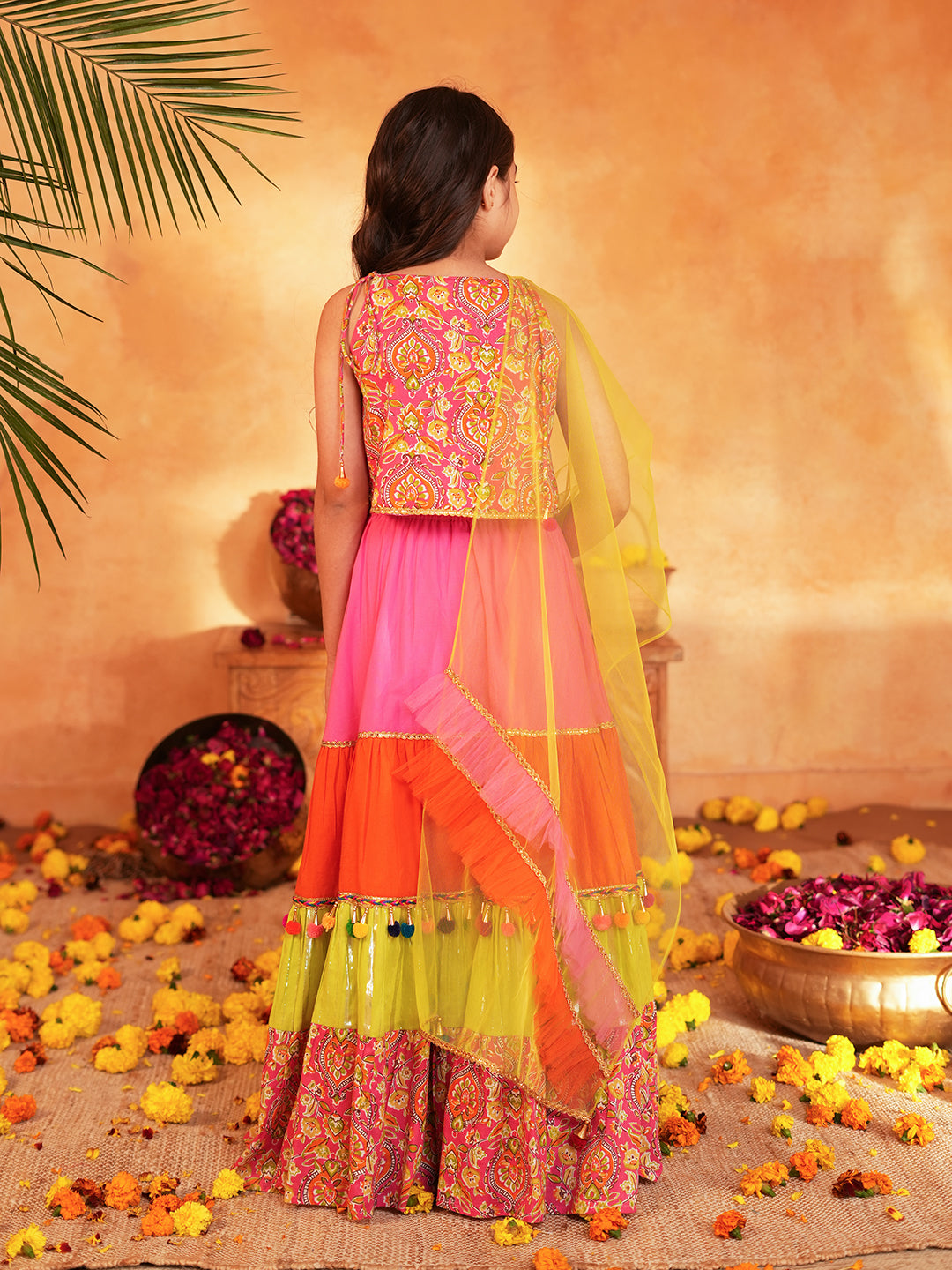 Pspeaches Girls Pink Ethnic Printed Pattern Cotton Layered Lehenga & Choli With Dupatta ( Sku-L-Tierorange )