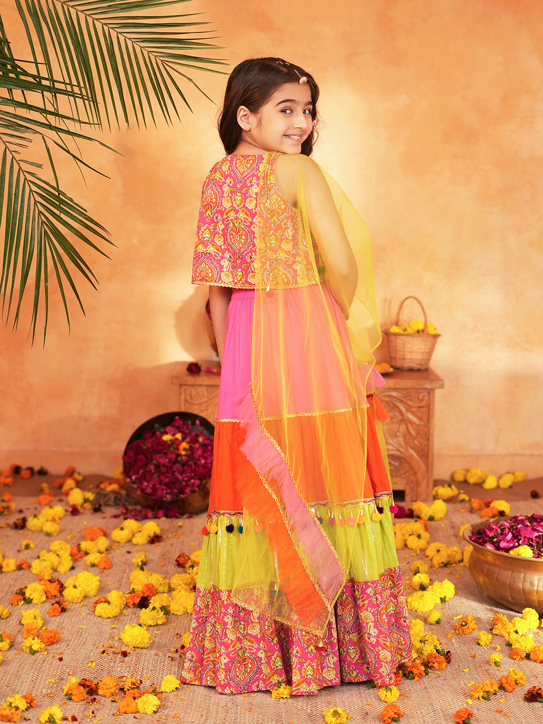 Pspeaches Girls Pink Ethnic Printed Pattern Cotton Layered Lehenga & Choli With Dupatta ( Sku-L-Tierorange )