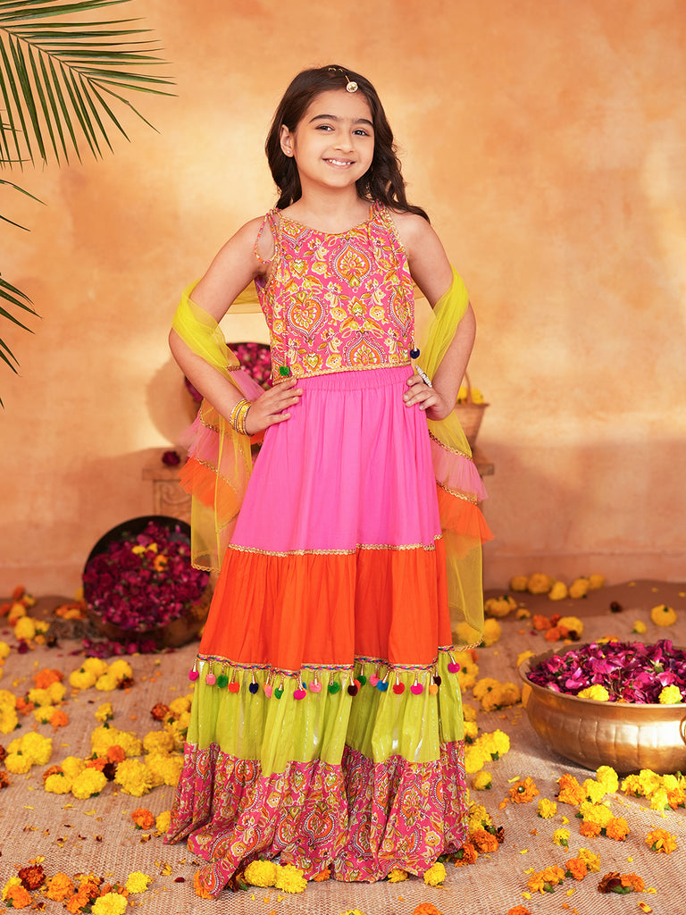 Pspeaches Girls Pink Ethnic Printed Pattern Cotton Layered Lehenga & Choli With Dupatta ( Sku-L-Tierorange )