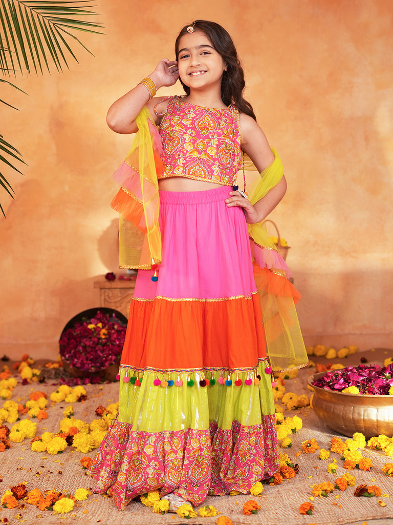 Pspeaches Girls Pink Ethnic Printed Pattern Cotton Layered Lehenga & Choli With Dupatta ( Sku-L-Tierorange )