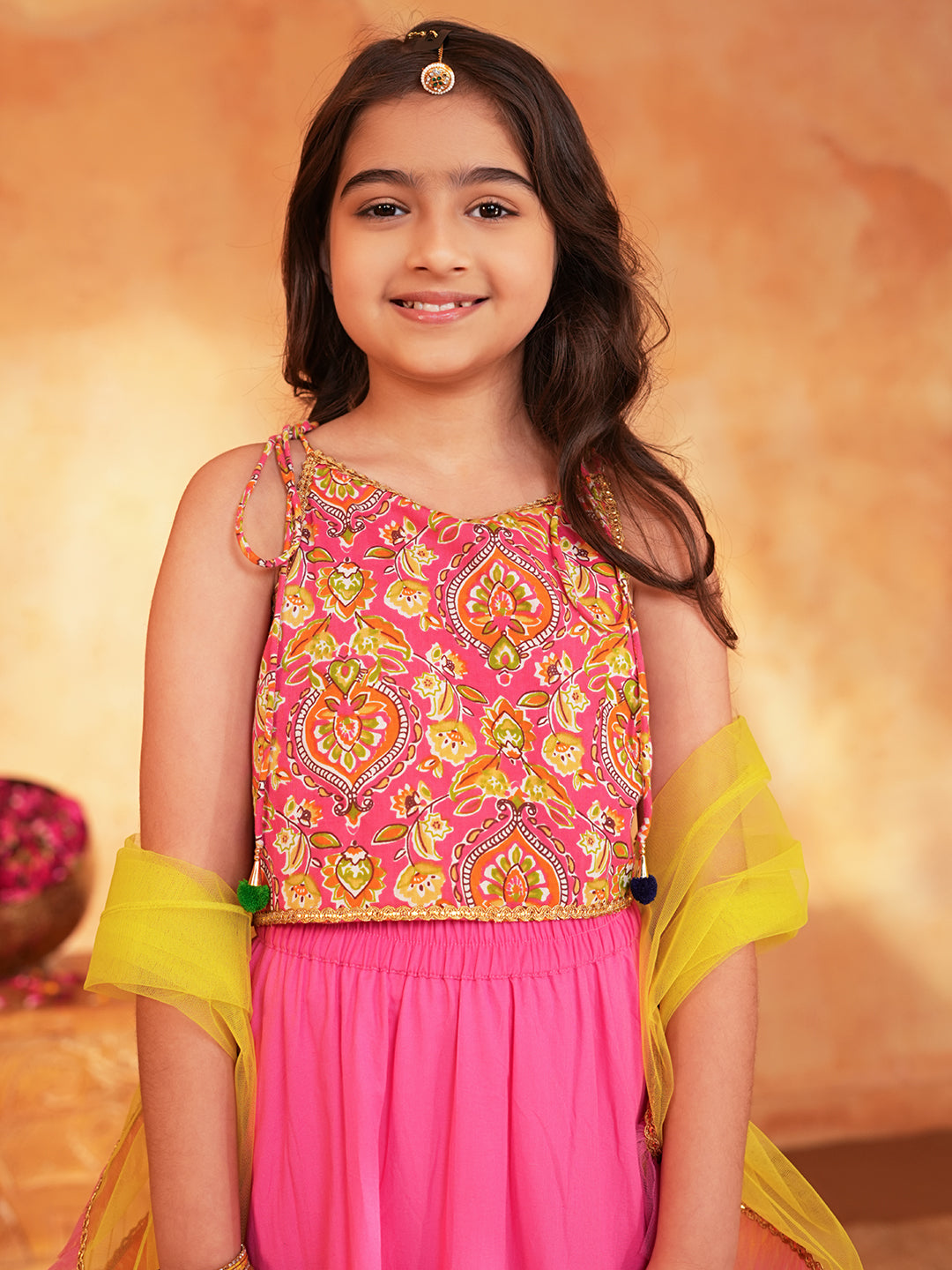 Pspeaches Girls Pink Ethnic Printed Pattern Cotton Layered Lehenga & Choli With Dupatta ( Sku-L-Tierorange )