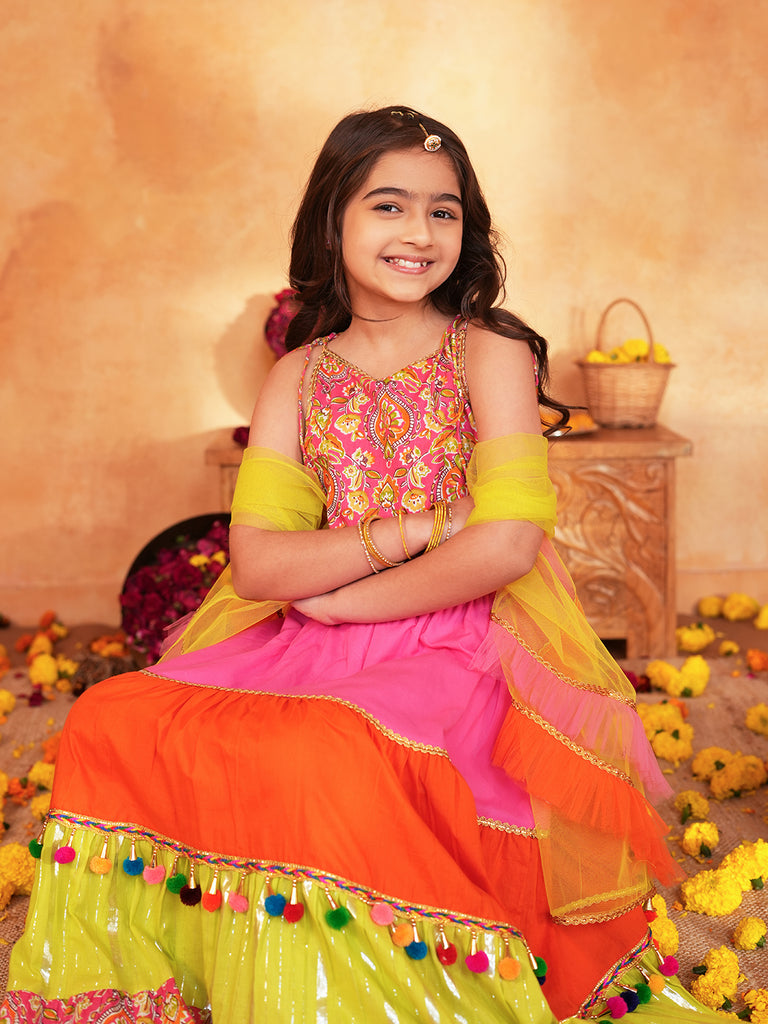 Pspeaches Girls Pink Ethnic Printed Pattern Cotton Layered Lehenga & Choli With Dupatta ( Sku-L-Tierorange )