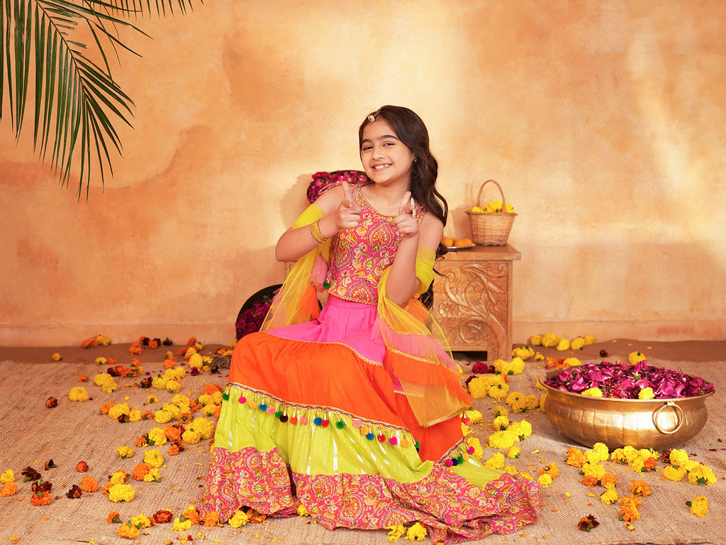 Pspeaches Girls Pink Ethnic Printed Pattern Cotton Layered Lehenga & Choli With Dupatta ( Sku-L-Tierorange )