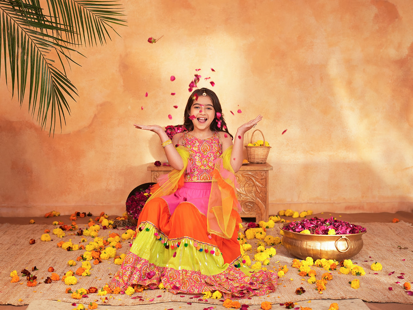 Pspeaches Girls Pink Ethnic Printed Pattern Cotton Layered Lehenga & Choli With Dupatta ( Sku-L-Tierorange )
