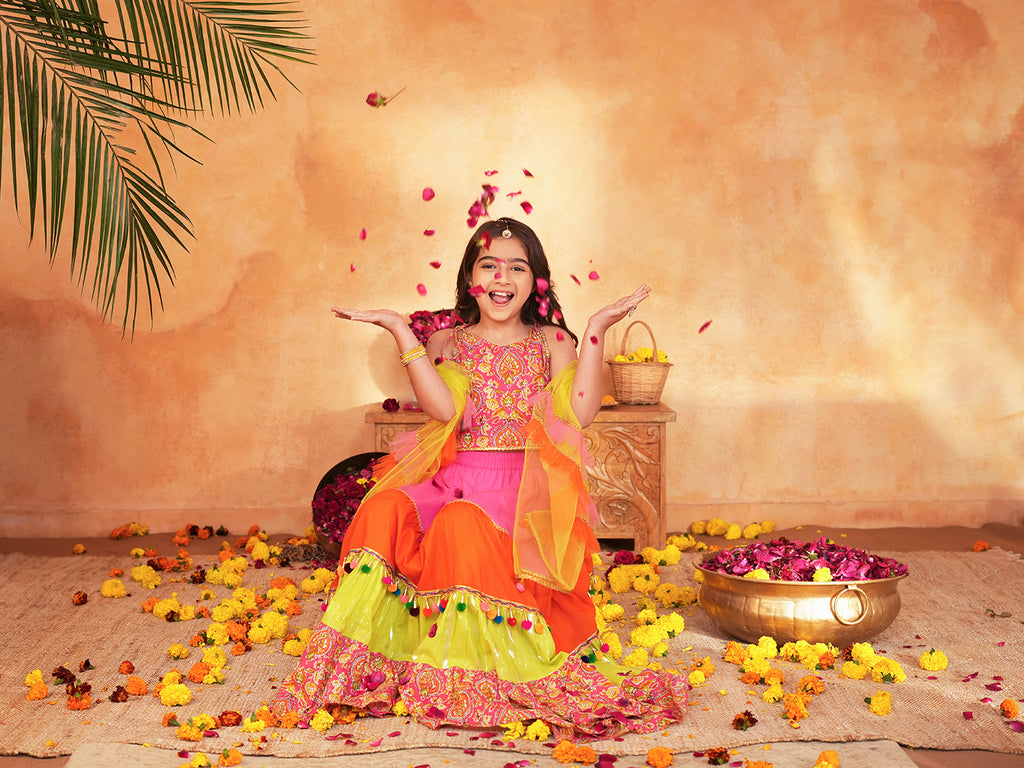 Pspeaches Girls Pink Ethnic Printed Pattern Cotton Layered Lehenga & Choli With Dupatta ( Sku-L-Tierorange )
