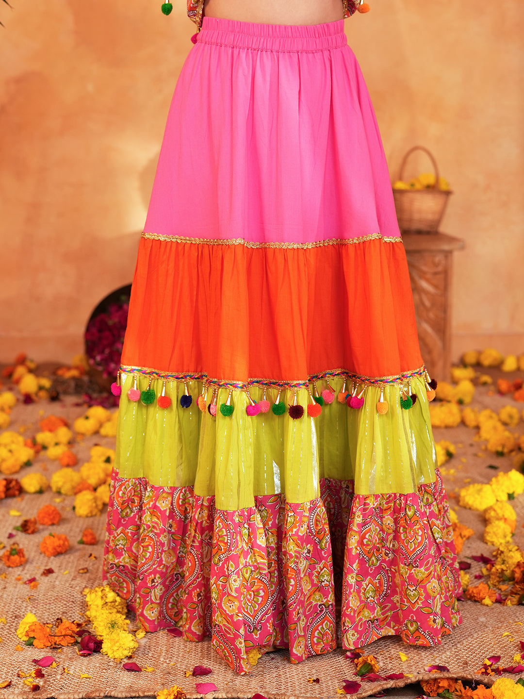 Pspeaches Girls Pink Ethnic Printed Pattern Cotton Layered Lehenga & Choli With Dupatta ( Sku-L-Tierorange )