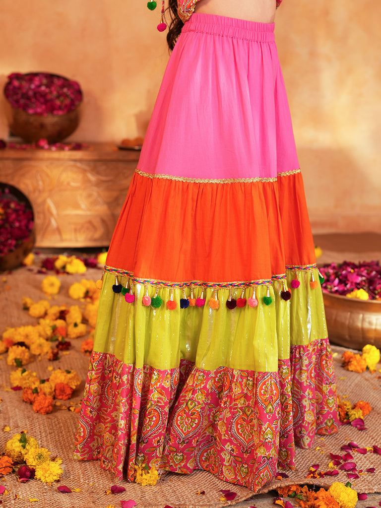 Pspeaches Girls Pink Ethnic Printed Pattern Cotton Layered Lehenga & Choli With Dupatta ( Sku-L-Tierorange )