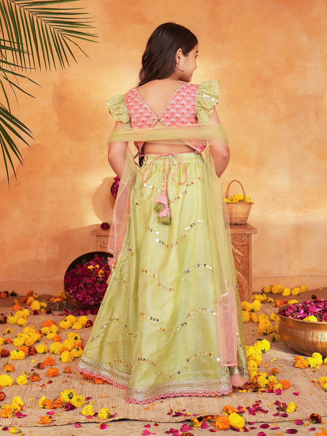 Pspeaches Girls Pink & Pista Green patra work Ethnic Booti Print Cotton Circular Lehenga & Choli With Dupatta ( Sku-L-Greenpatra )