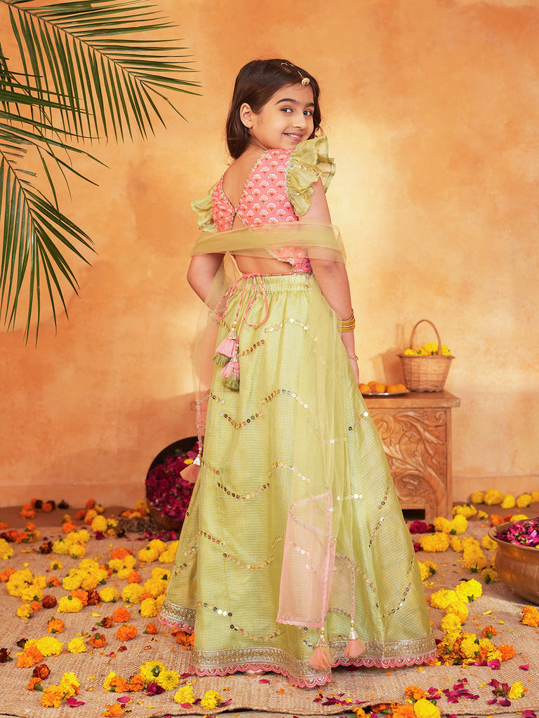 Pspeaches Girls Pink & Pista Green patra work Ethnic Booti Print Cotton Circular Lehenga & Choli With Dupatta ( Sku-L-Greenpatra )