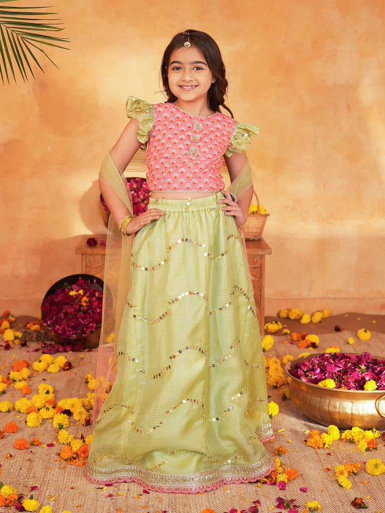 Pspeaches Girls Pink & Pista Green patra work Ethnic Booti Print Cotton Circular Lehenga & Choli With Dupatta ( Sku-L-Greenpatra )