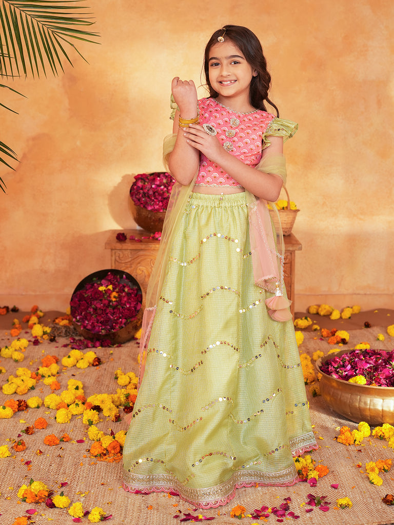 Pspeaches Girls Pink & Pista Green patra work Ethnic Booti Print Cotton Circular Lehenga & Choli With Dupatta ( Sku-L-Greenpatra )